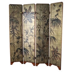 Vintage 7ft Hand Painted Botanical Four-Panel Screen