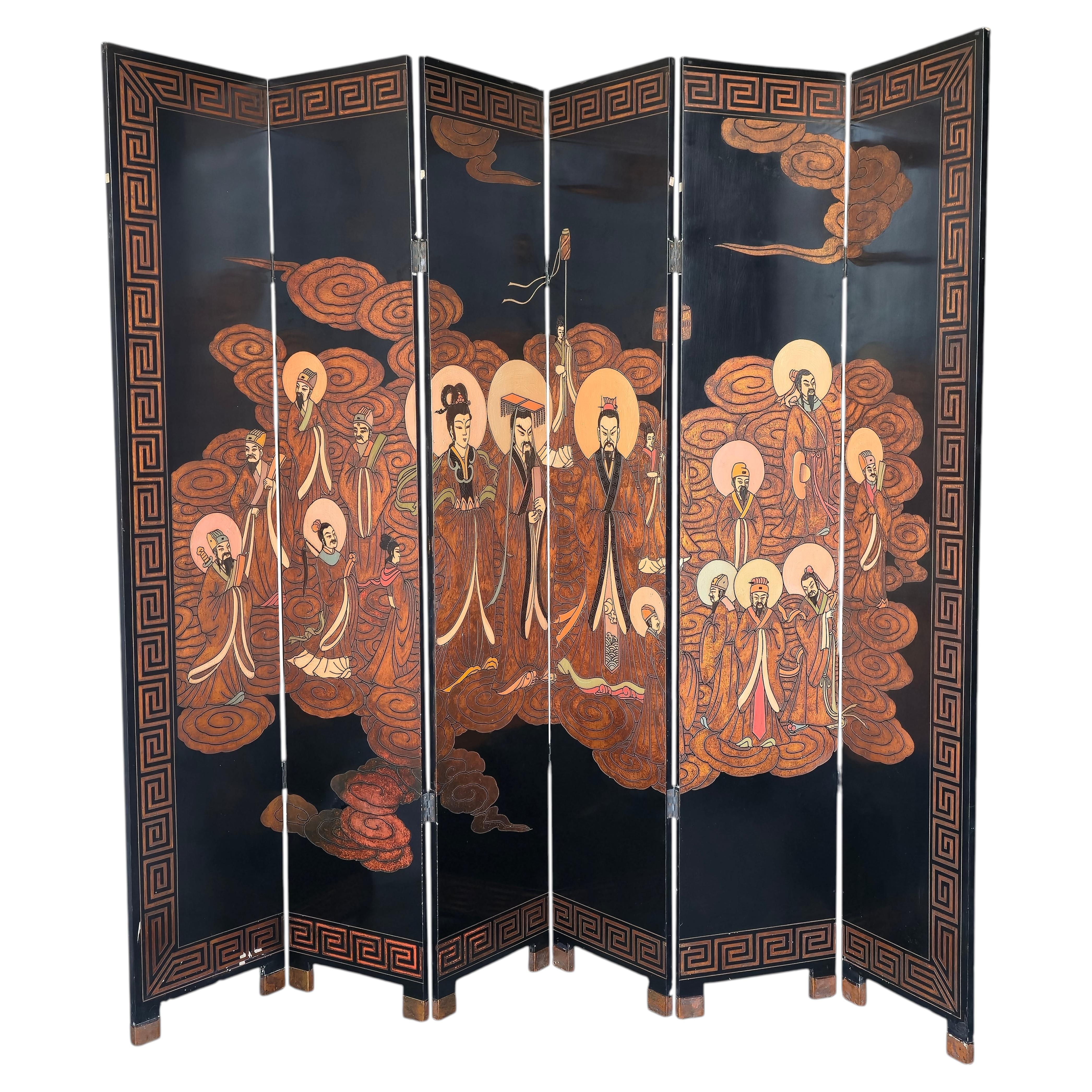 Séparateur d'écran 7ft peint à la main avec six panneaux chinois Coromandel en vente