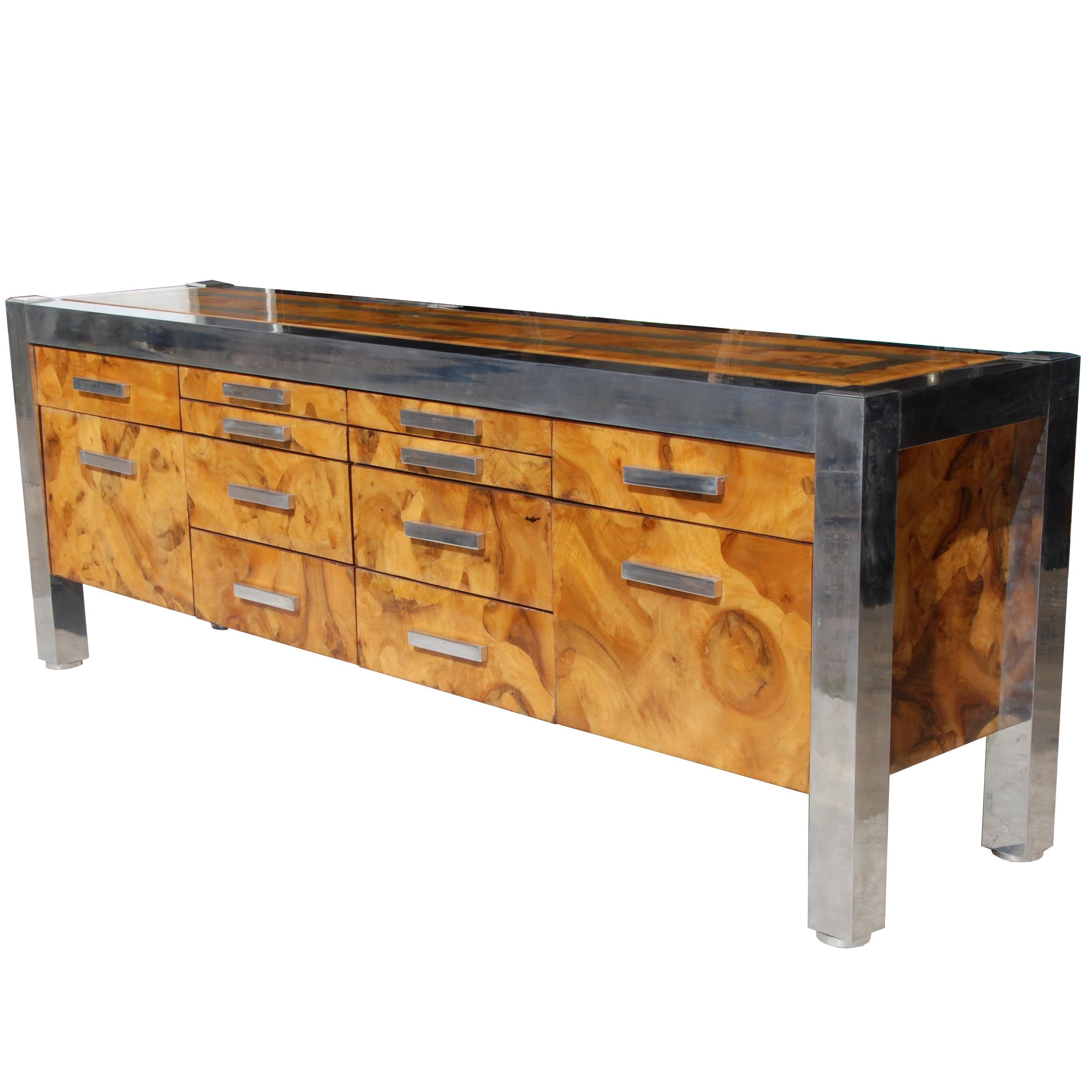 Mid-Century Modern Leon Rosen for Pace Collection Burled Wood and Chrome Credenza For Sale