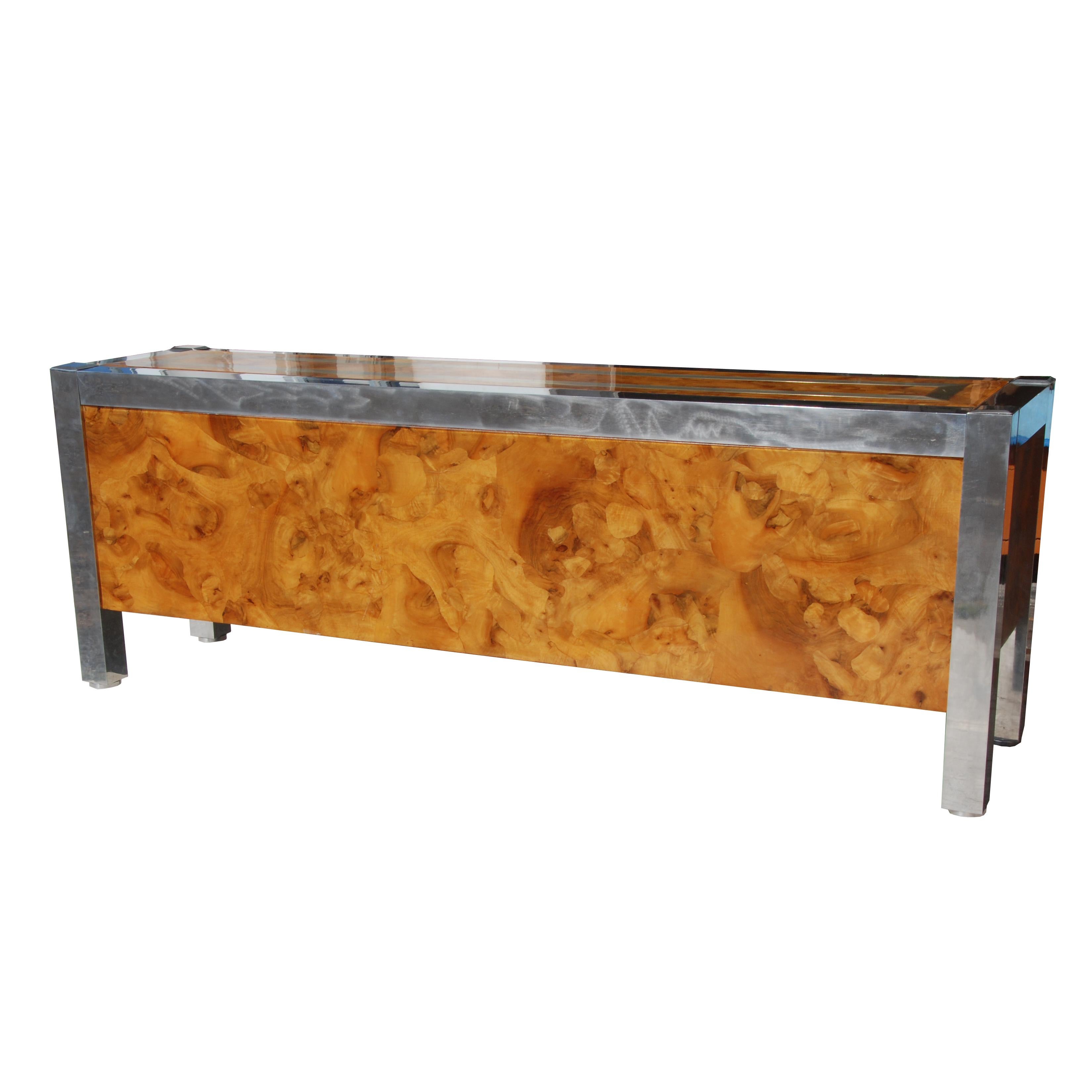 Leon Rosen for Pace Collection Burled Wood and Chrome Credenza For Sale 3