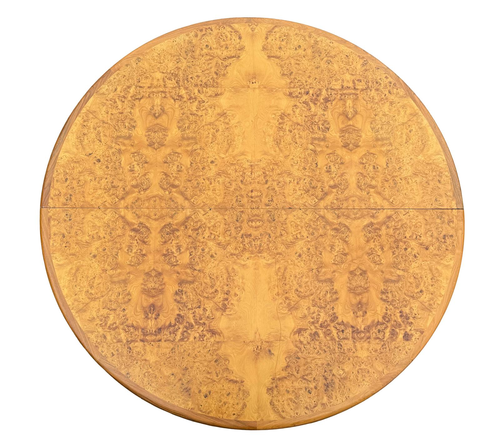 Stunning book matched 84 inch round burl table Top comes in two pieces very solid, heavy chrome base in the manner of Florence Knoll 
