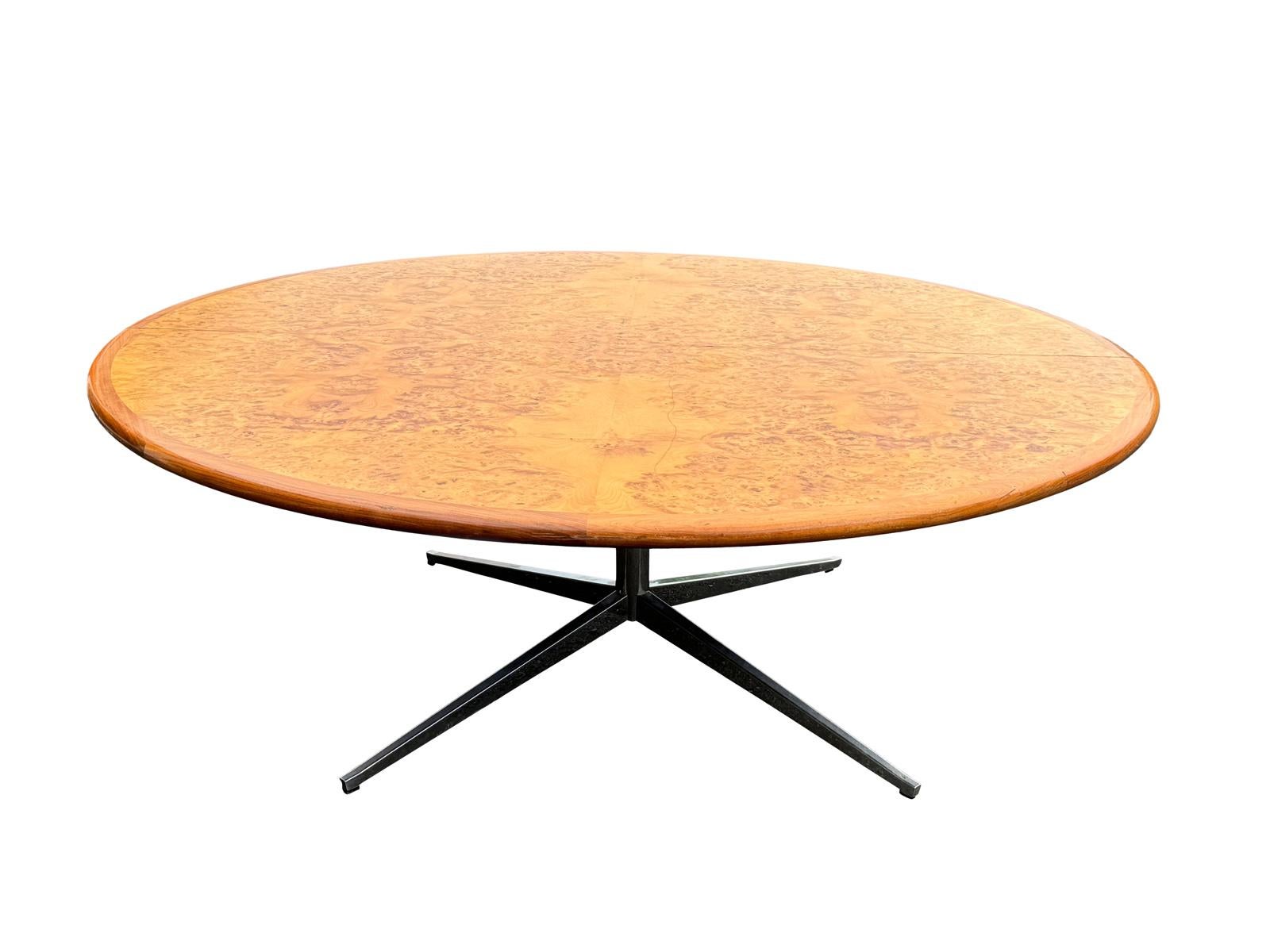 Mid-Century Modern 7ft Round Bookmatched Burl Dining or Conference Table With Chrome Base For Sale