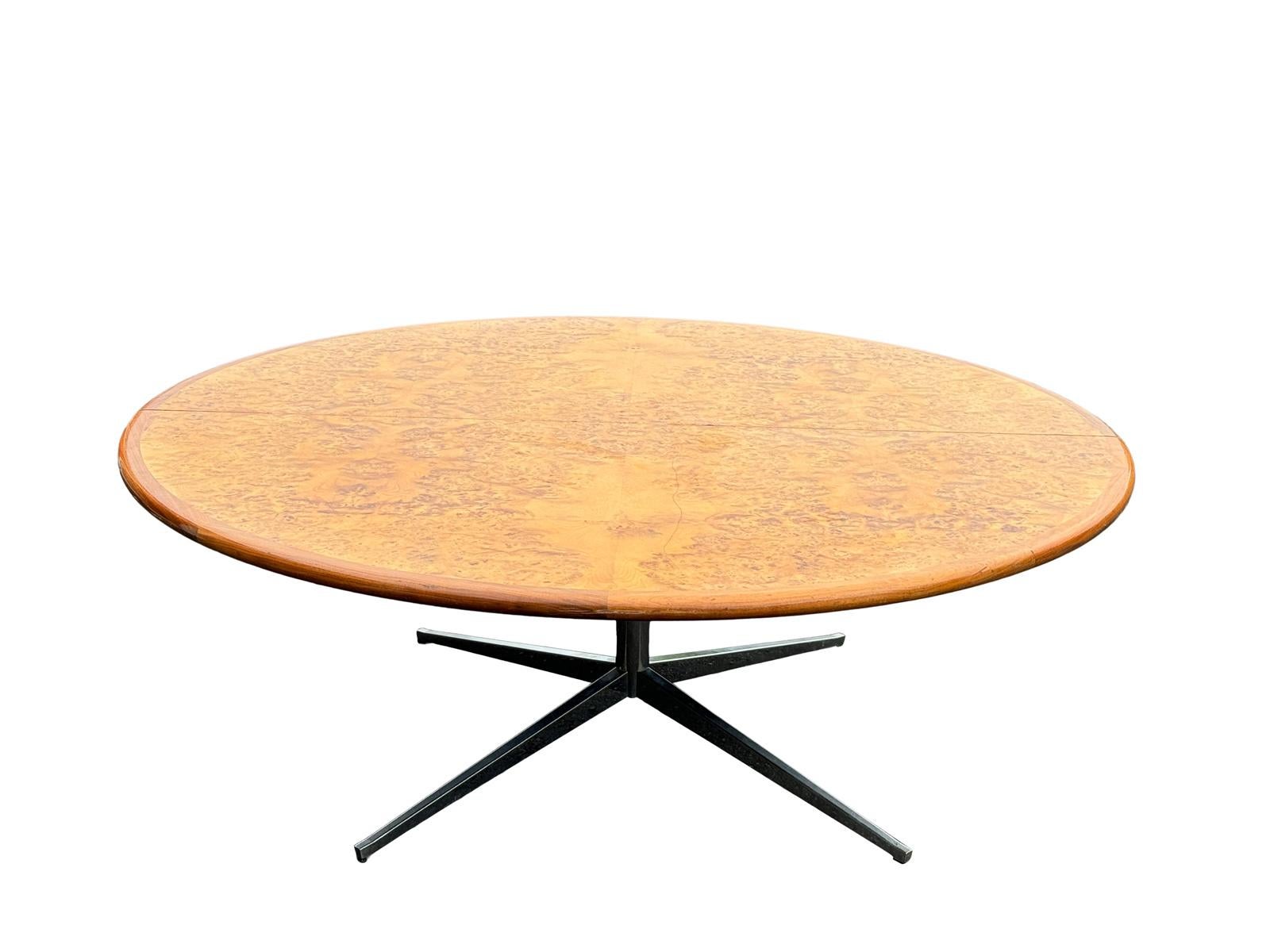American 7ft Round Bookmatched Burl Dining or Conference Table With Chrome Base For Sale