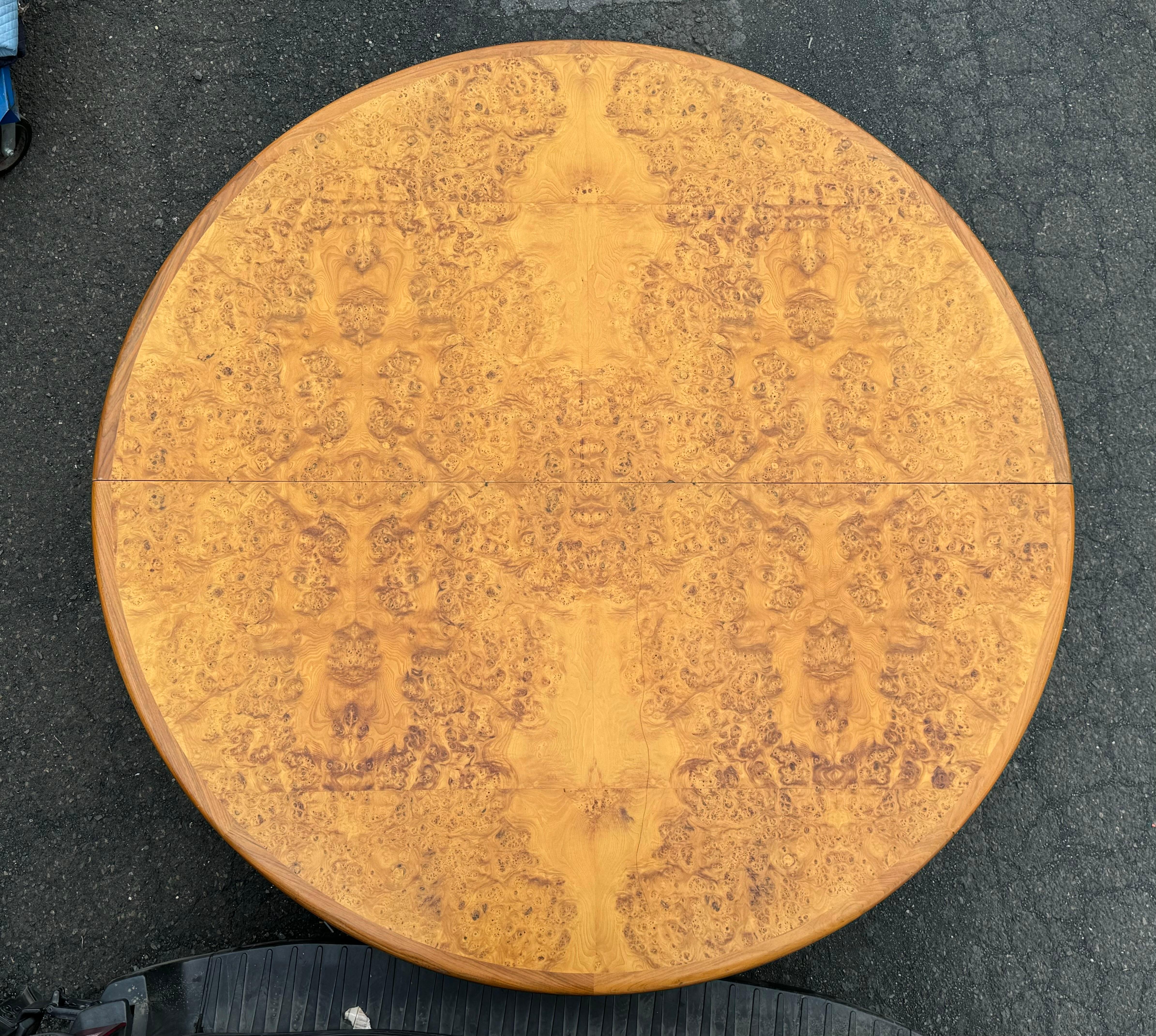 7ft Round Bookmatched Burl Dining or Conference Table With Chrome Base In Good Condition For Sale In Bensalem, PA