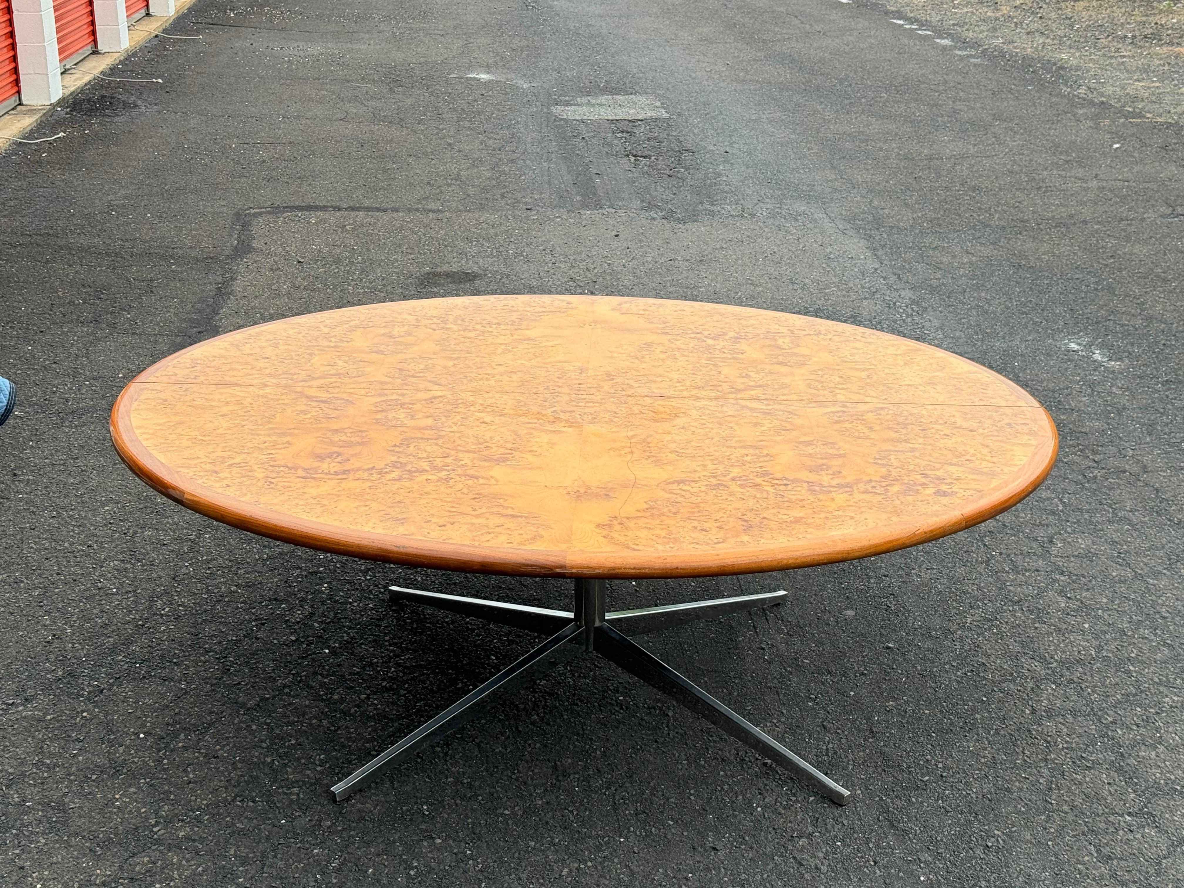 Late 20th Century 7ft Round Bookmatched Burl Dining or Conference Table With Chrome Base For Sale