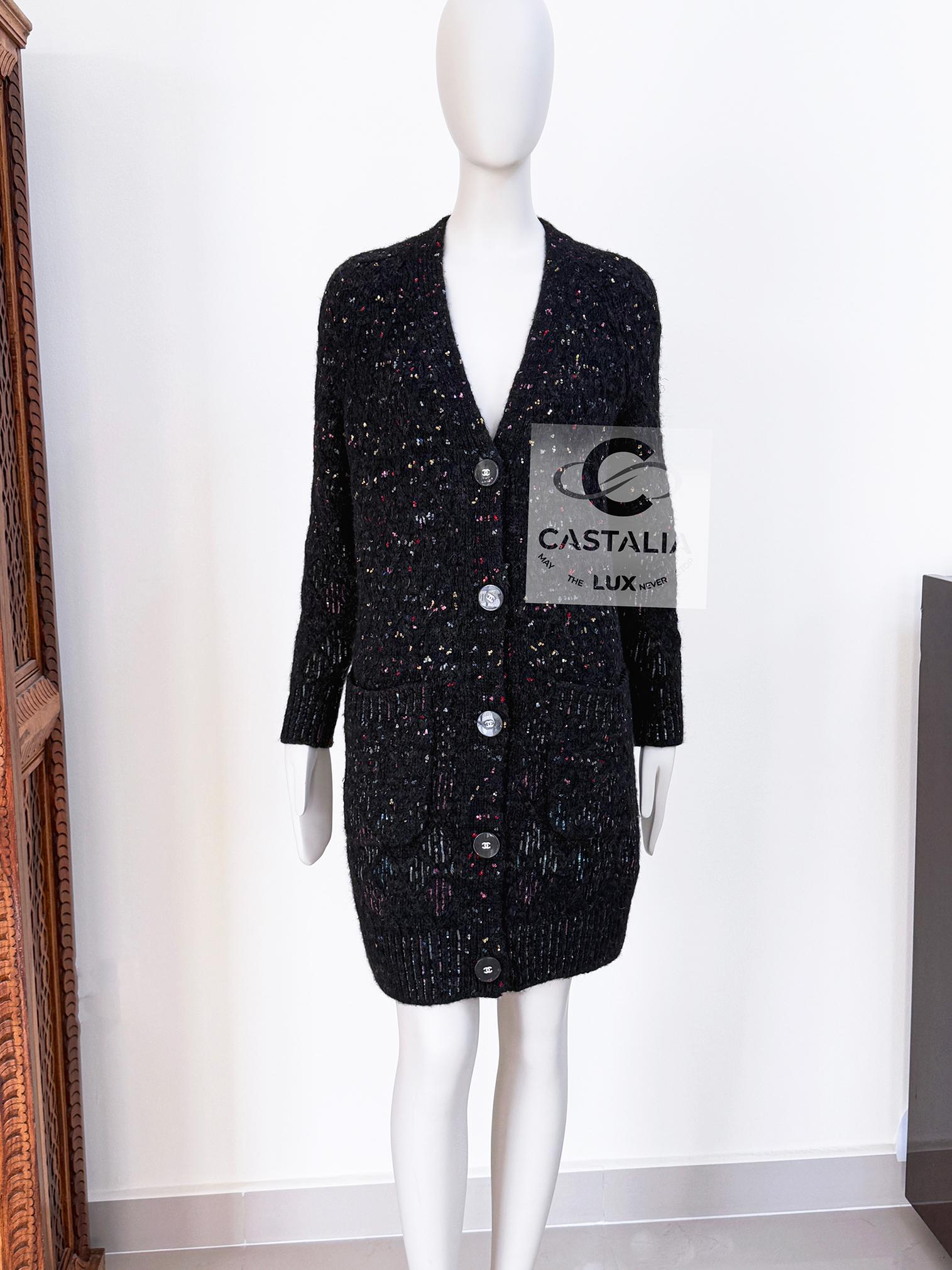 New stunning Chanel black quilted cardi coat ~ hand-embellished with littlest sequins ~ from Paris / COSMOPOLITE Collection by Karl Lagerfeld
Boutique price 7,650$ ~ Hours of work of Chanel craftsmen to embroider this coat with sequins ~ 
- iconic