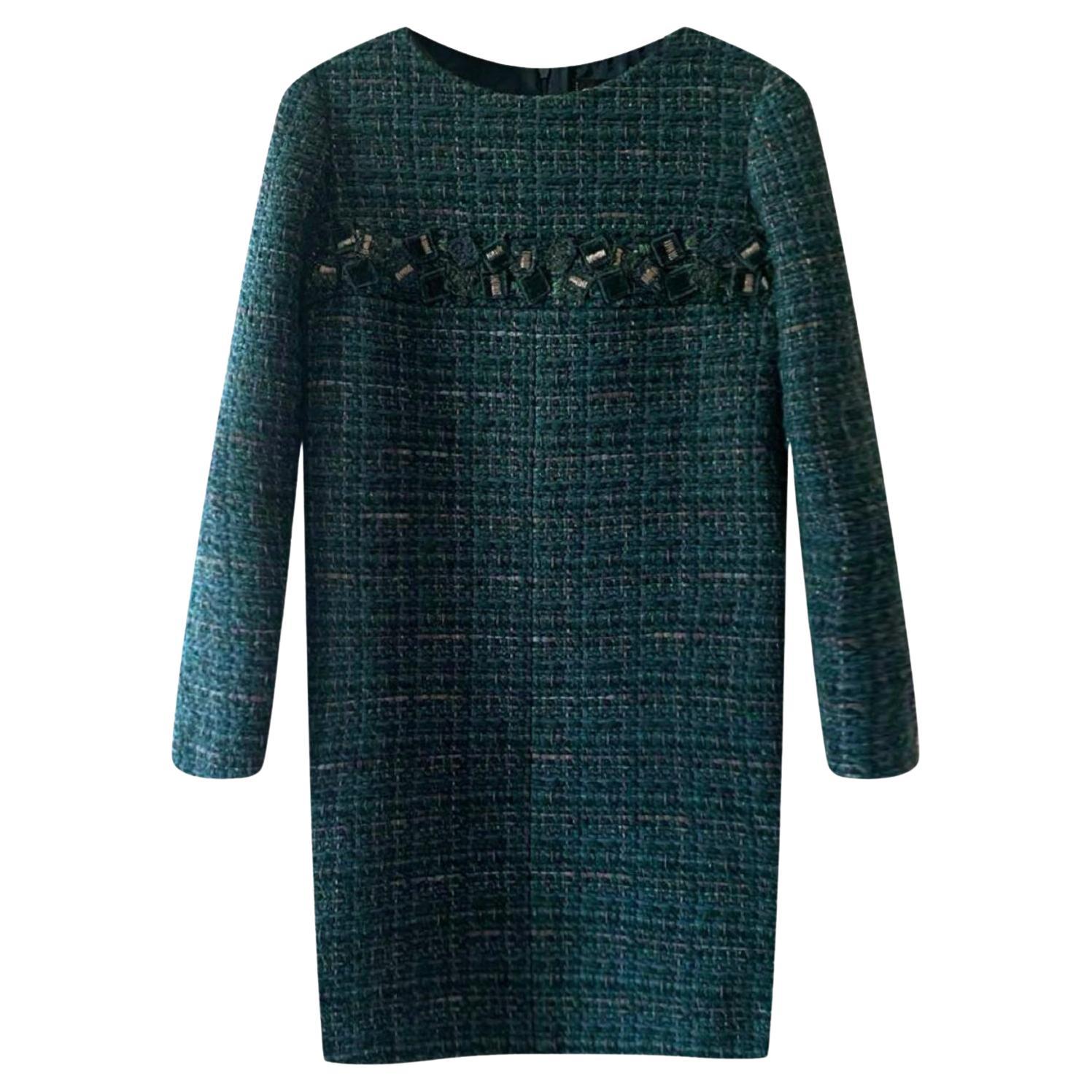 Robe de défilé Lesage en tweed vert émeraude 7 carats en vente