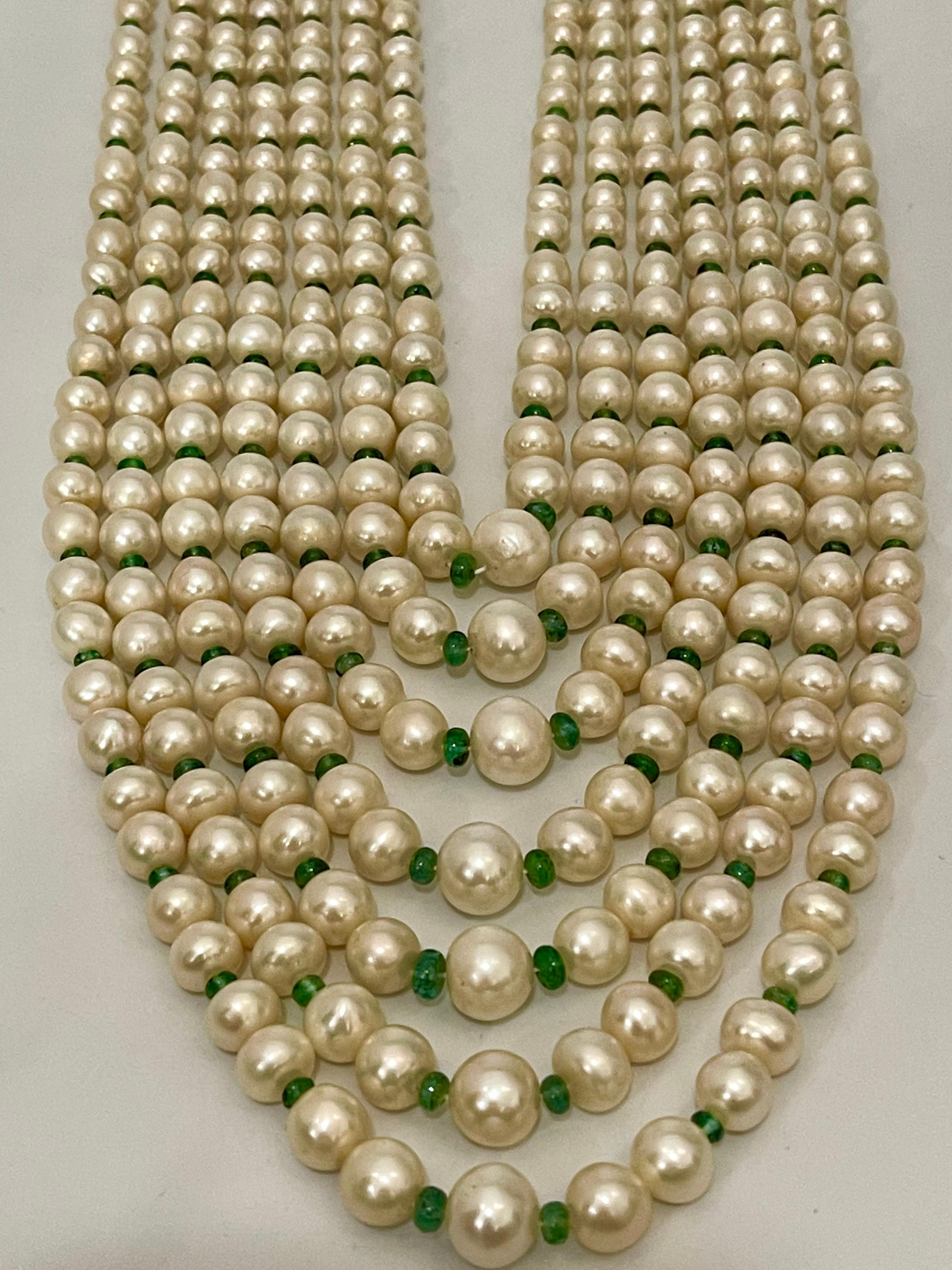 7Layer Fresh Water Pearl , Emerald Bead + 14K Spacer Clasp Opera Length Necklace For Sale 2