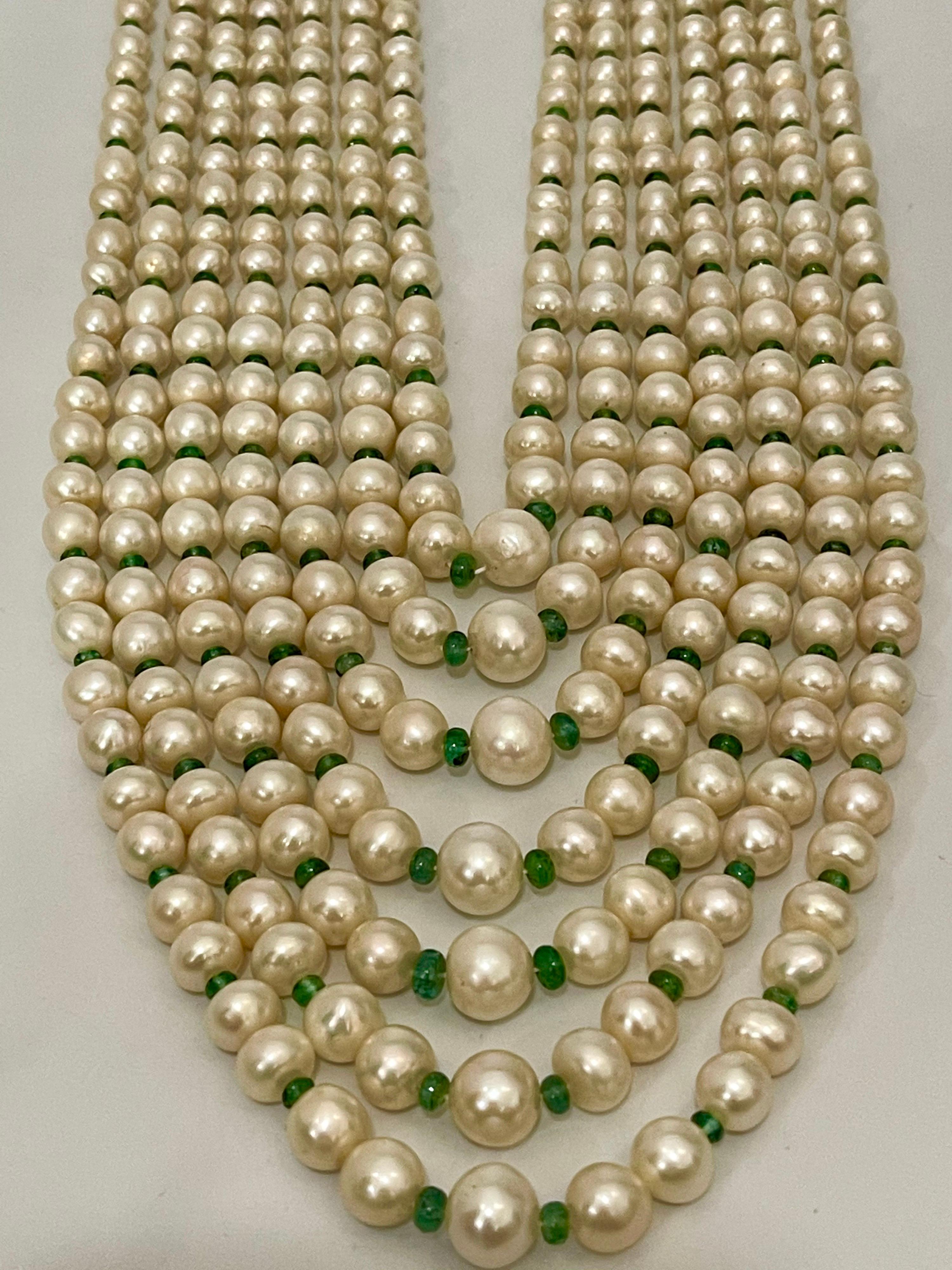 Collier opéra à 7 rangs de perles d'eau douce, perles d'émeraude et fermoir à scie 14 carats en vente 5