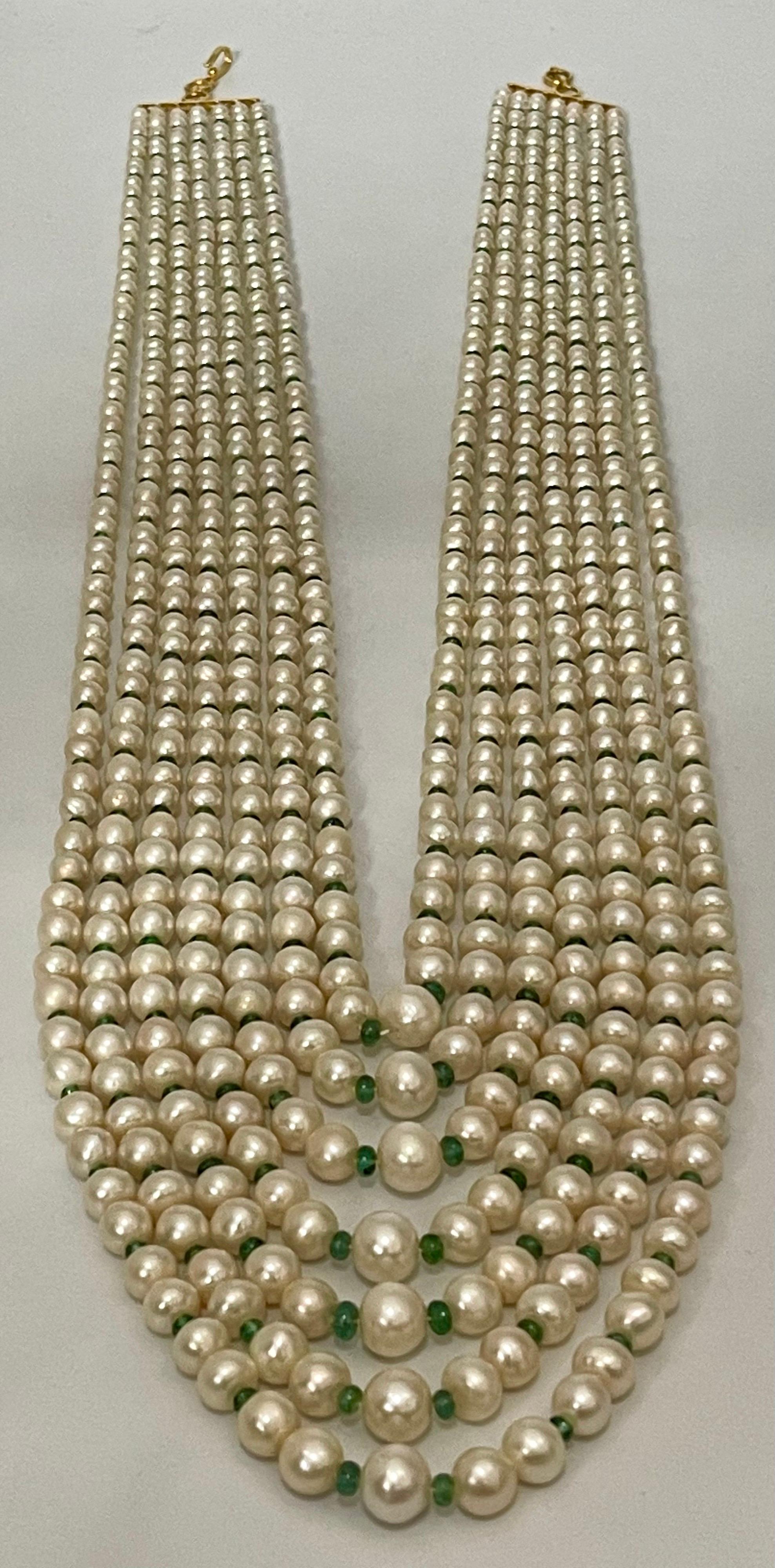 7Layer Fresh Water Pearl , Emerald Bead + 14K Spacer Clasp Opera Length Necklace For Sale 3