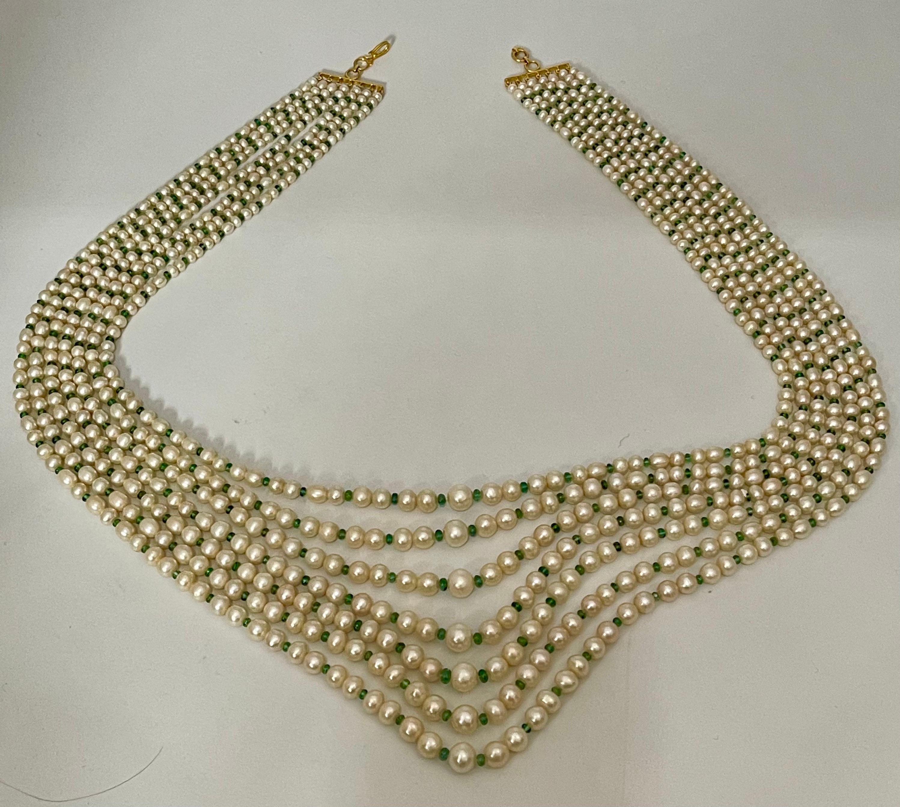 7Layer Fresh Water Pearl , Emerald Bead + 14K Spacer Clasp Opera Length Necklace For Sale 4