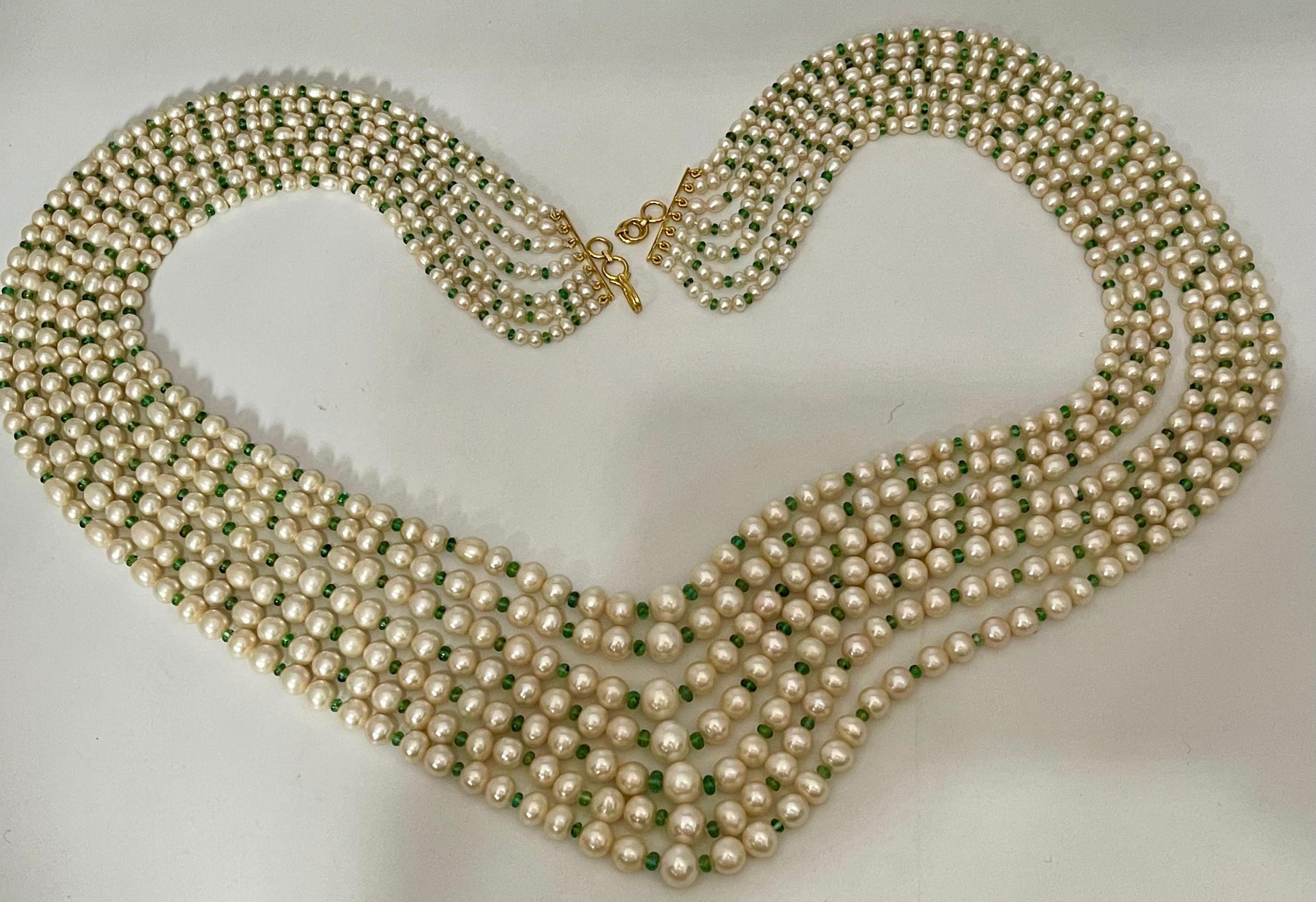 7 Lagen Süßwasserperle , Smaragd Perle + 14K Spacer-Verschluss Opernlänge Halskette im Angebot 8
