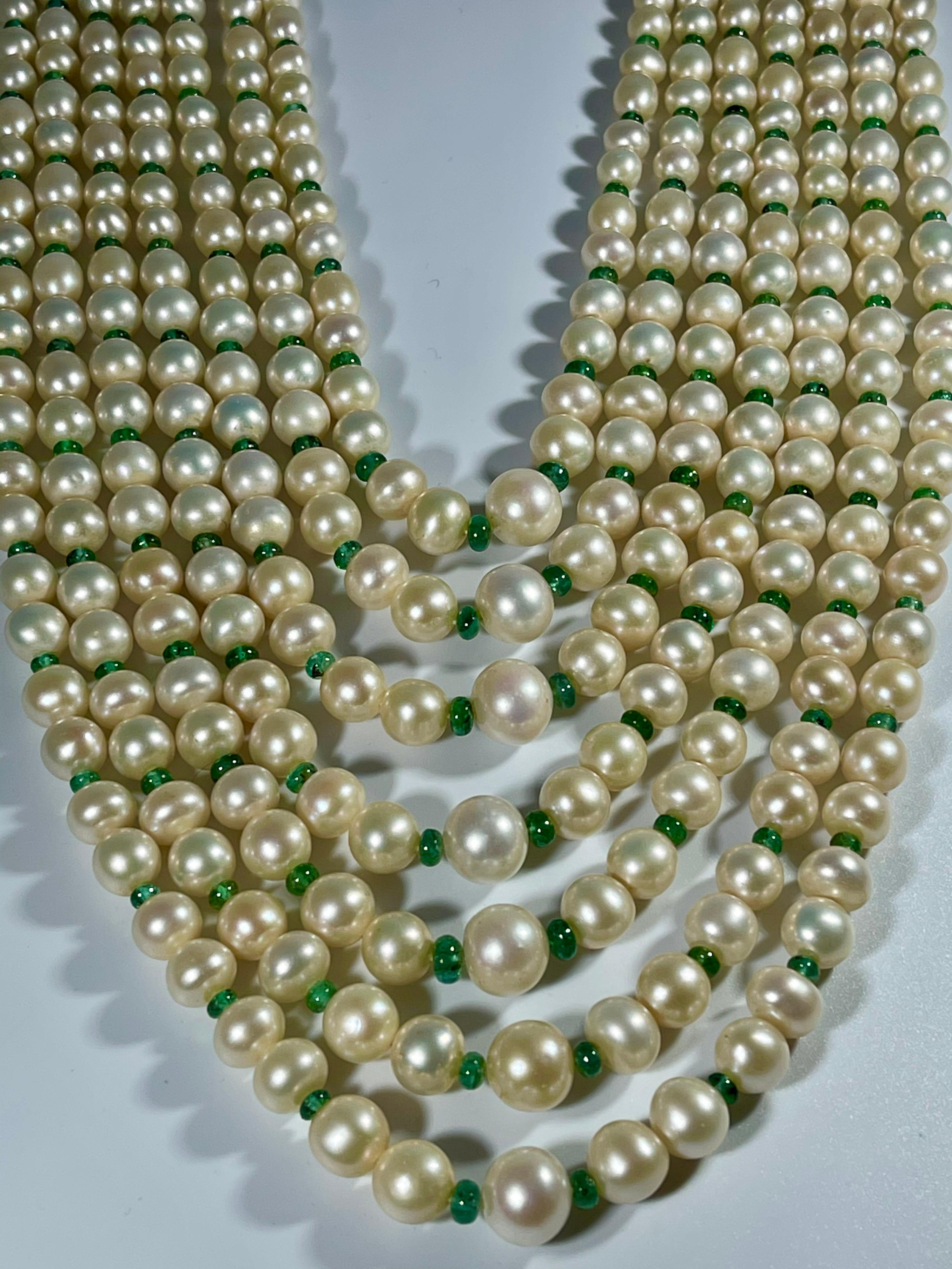 7Layer Fresh Water Pearl , Emerald Bead + 14K Spacer Clasp Opera Length Necklace For Sale 7