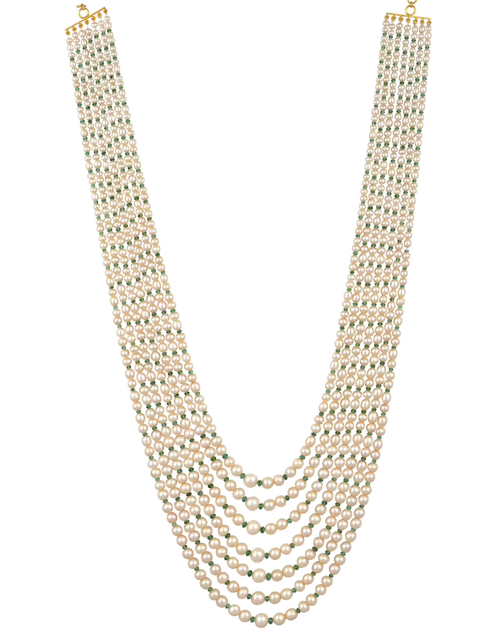 7 Lagen Süßwasserperle , Smaragd Perle + 14K Spacer-Verschluss Opernlänge Halskette Damen im Angebot