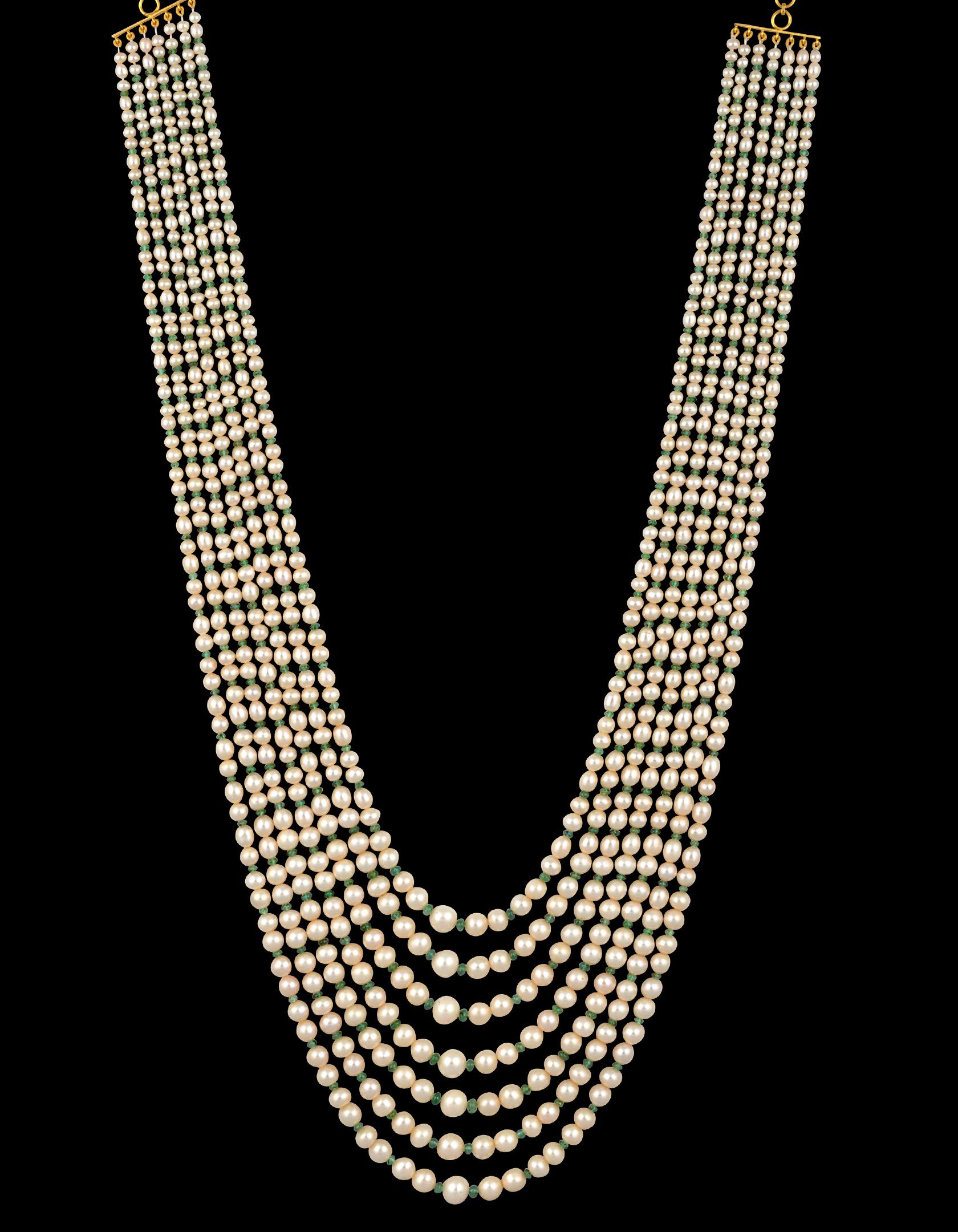 Round Cut 7Layer Fresh Water Pearl , Emerald Bead + 14K Spacer Clasp Opera Length Necklace For Sale