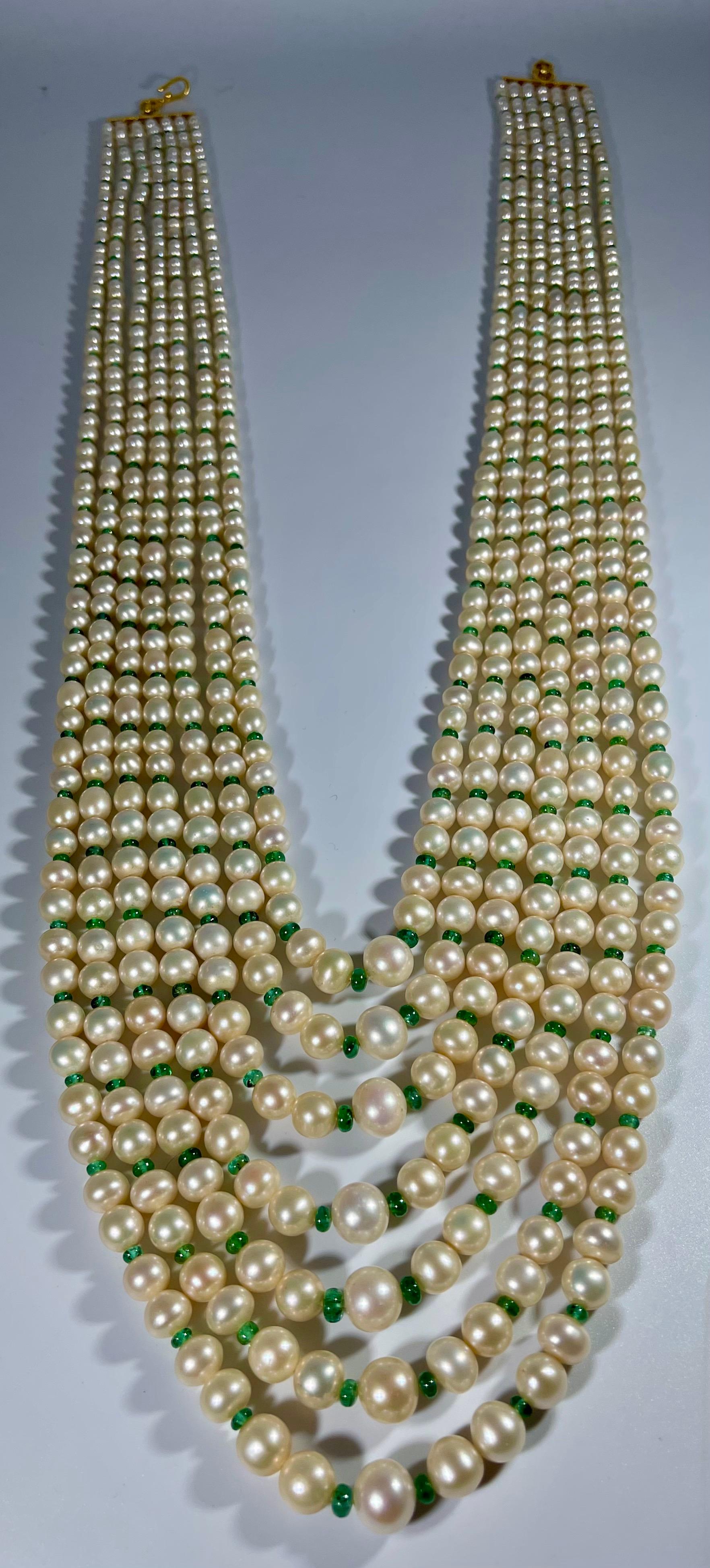 7Layer Fresh Water Pearl , Emerald Bead + 14K Spacer Clasp Opera Length Necklace In Excellent Condition For Sale In New York, NY