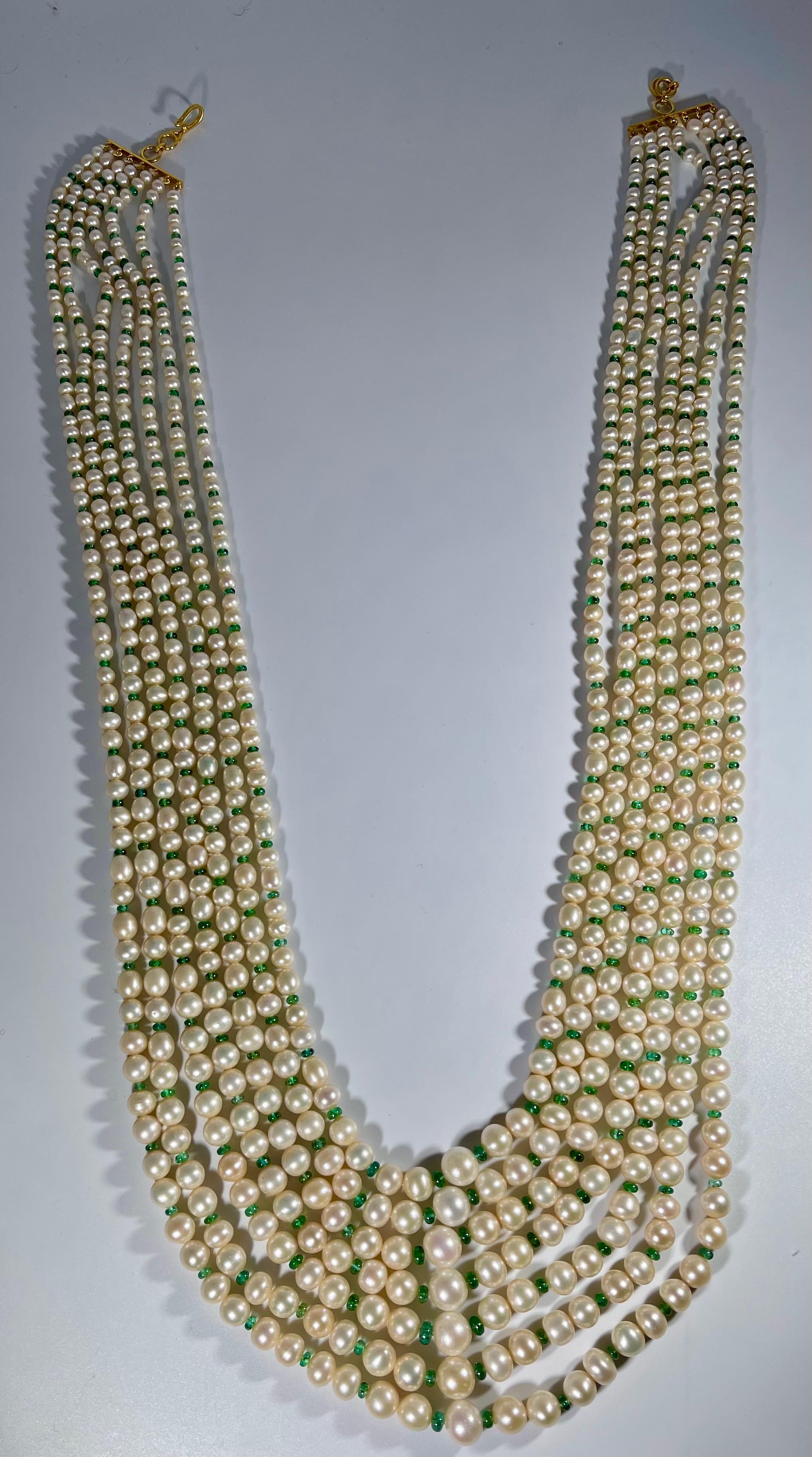 7 Lagen Süßwasserperle , Smaragd Perle + 14K Spacer-Verschluss Opernlänge Halskette im Angebot 3