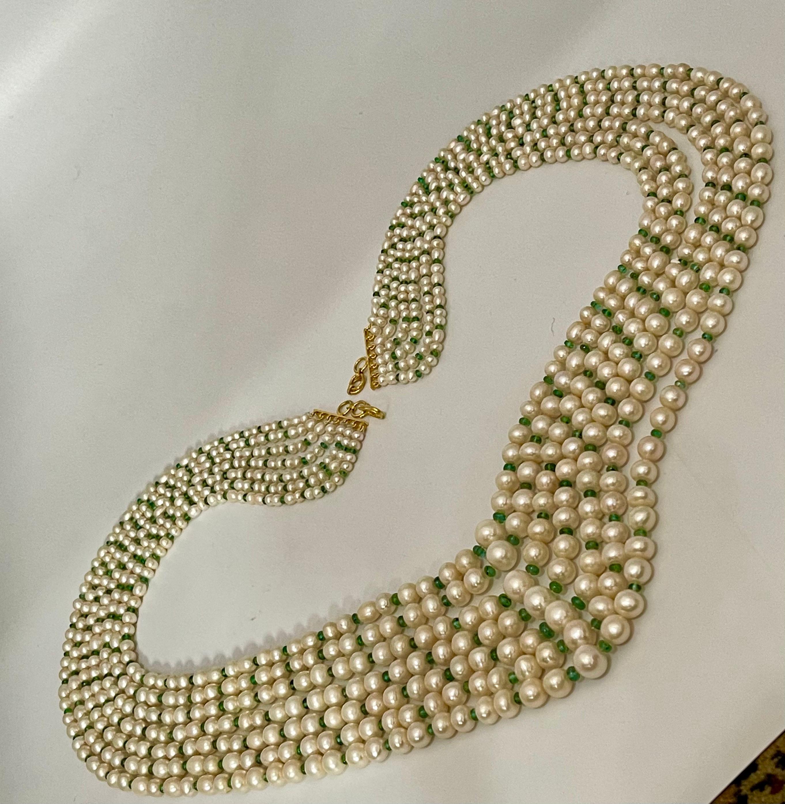 7Layer Fresh Water Pearl , Emerald Bead + 14K Spacer Clasp Opera Length Necklace For Sale 1