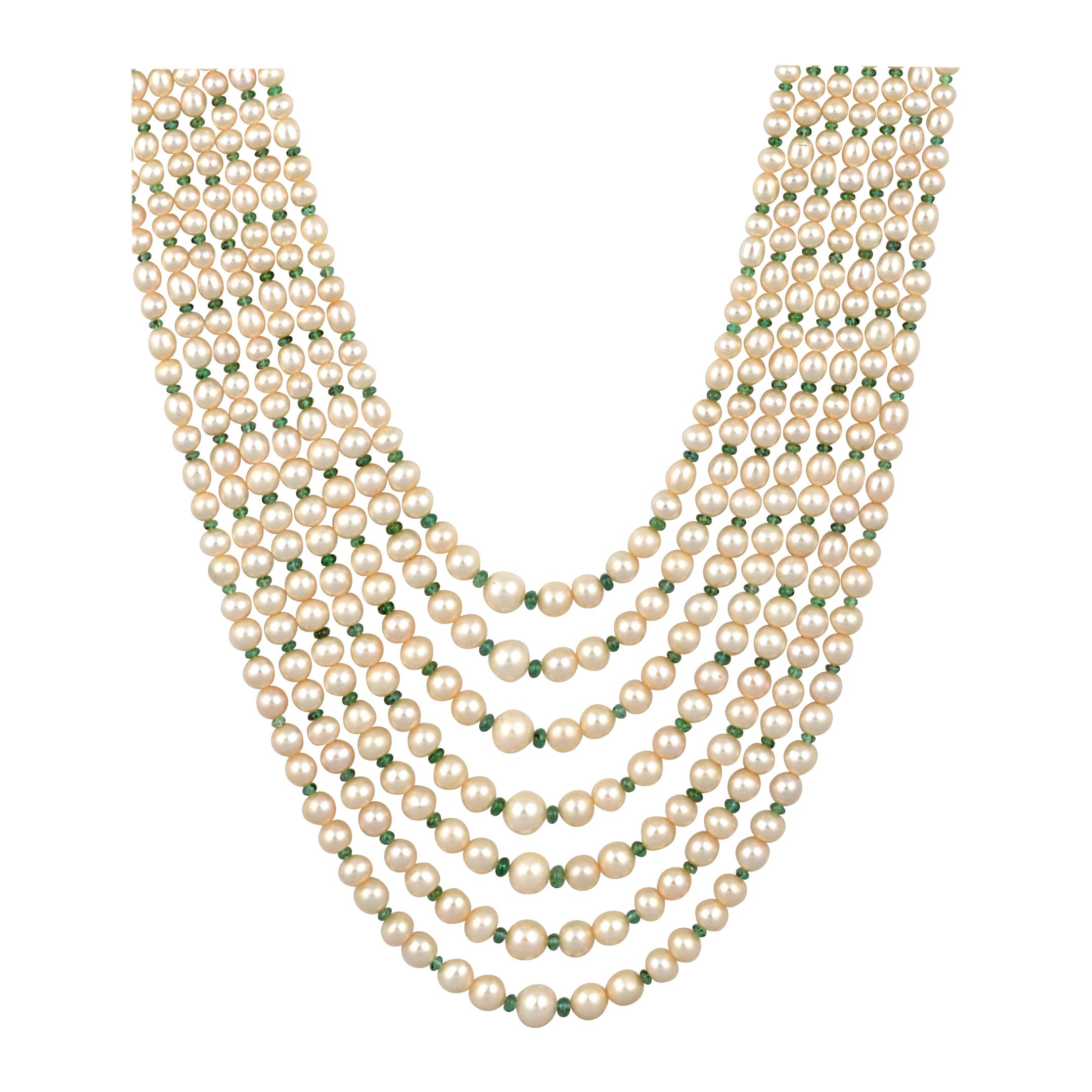 7Layer Fresh Water Pearl , Emerald Bead + 14K Spacer Clasp Opera Length Necklace For Sale