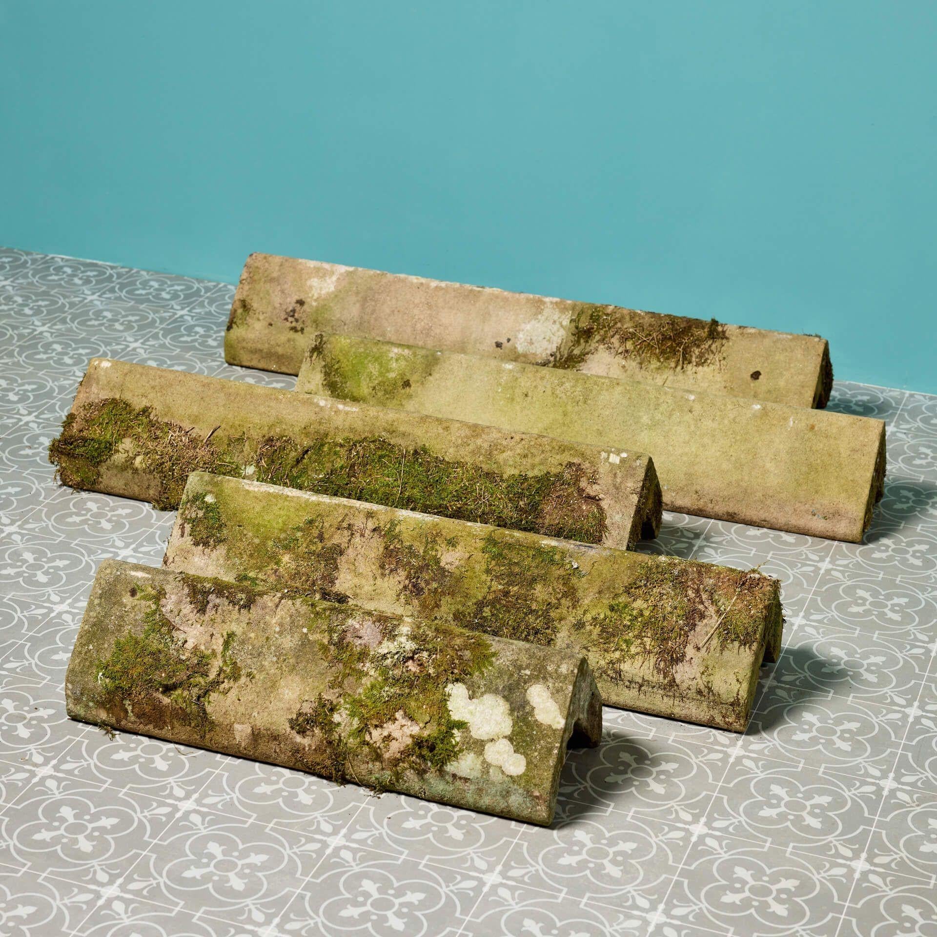 Once used as roof ridge tiles, this 10-piece set of architectural stonework makes a handsome feature in a scenic country garden, useable as coping for a low garden wall or as ornamental statuary. Originating from Scotland, the set comprises of 5