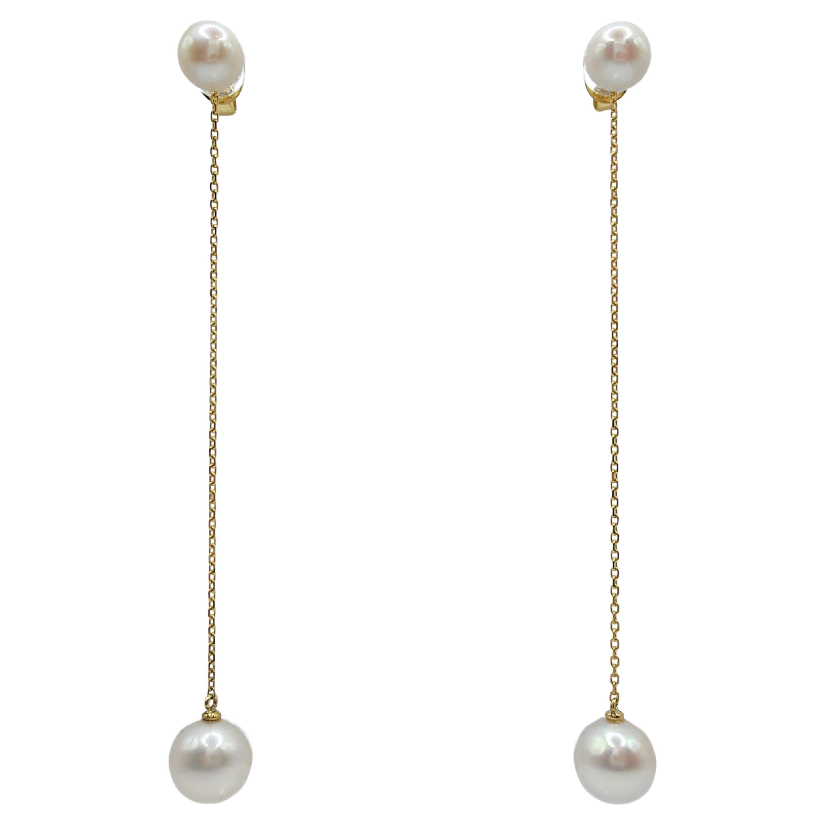 7&9mm Round White Pearl Studs 3.3" Long Dangling Earrings in 18K Yellow Gold For Sale