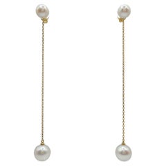7&9mm Round White Pearl Studs 3.3" Long Dangling Earrings in 18K Yellow Gold