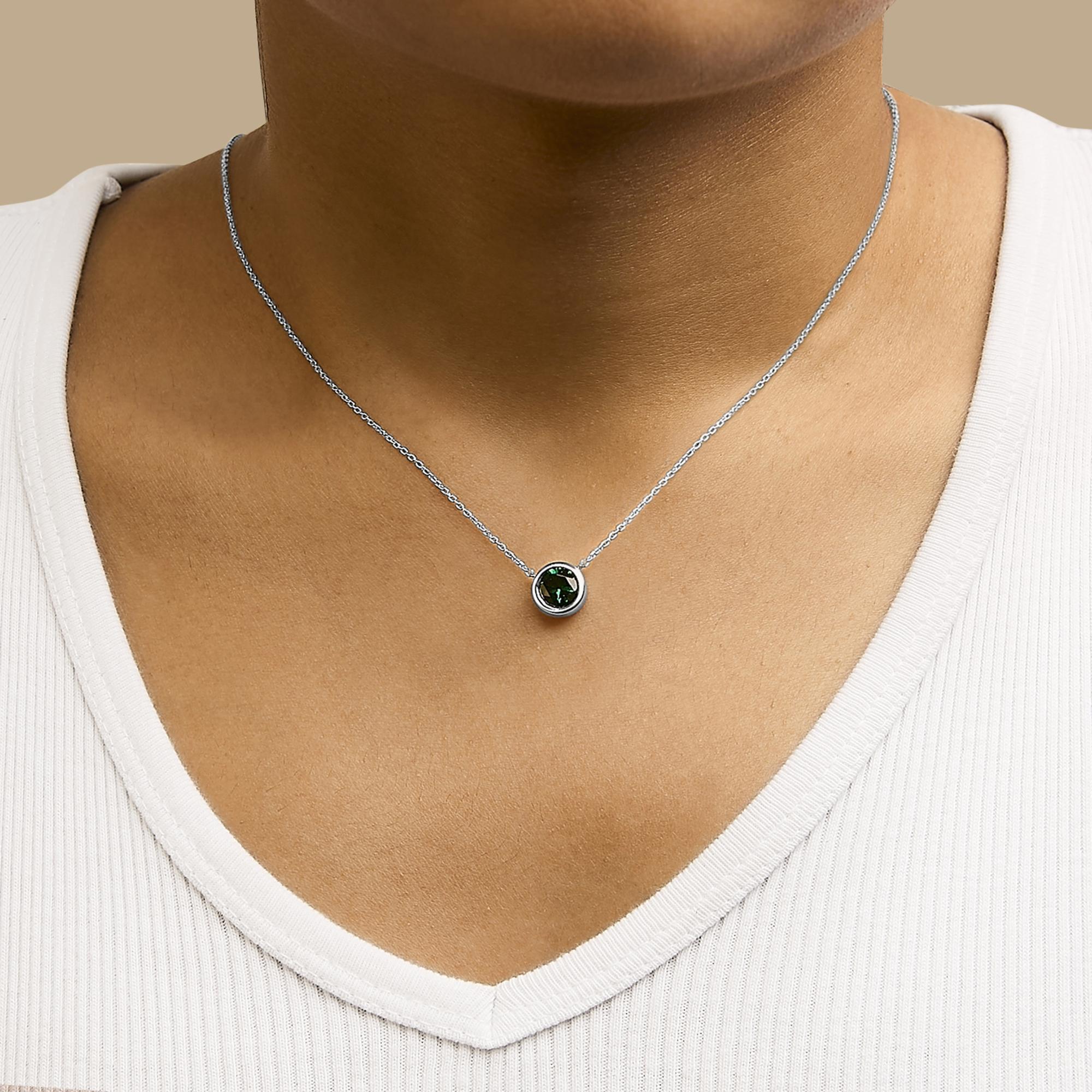 Taglio rotondo Collana con ciondolo di smeraldo verde creato con castone da 7 mm in argento - 18