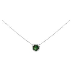 7MM Bezel Set Created Green Emerald Pendant Necklace in Silver - 18" Inches