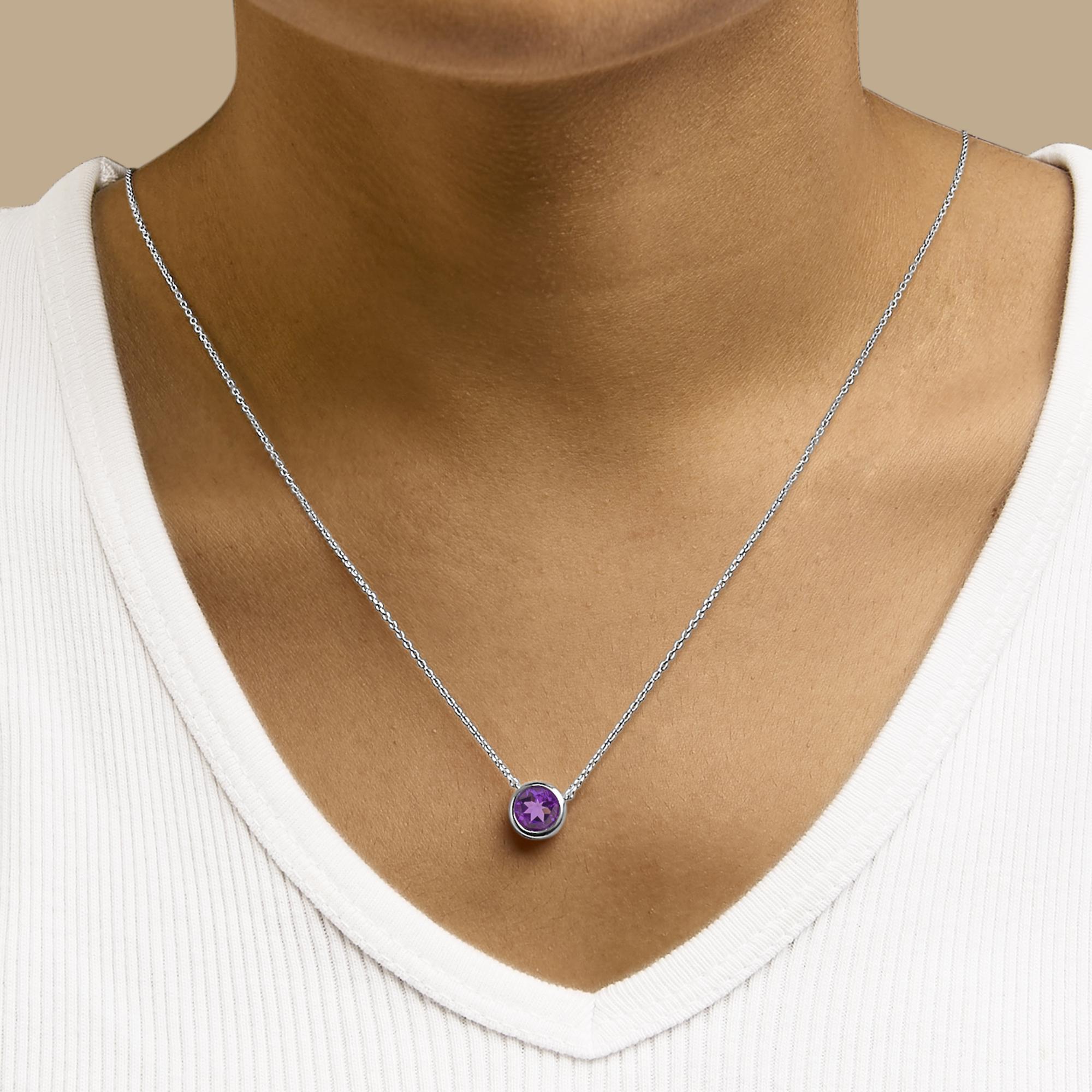 Taglio rotondo Collana con ciondolo di ametista viola creata con castone da 7 mm in argento - 18