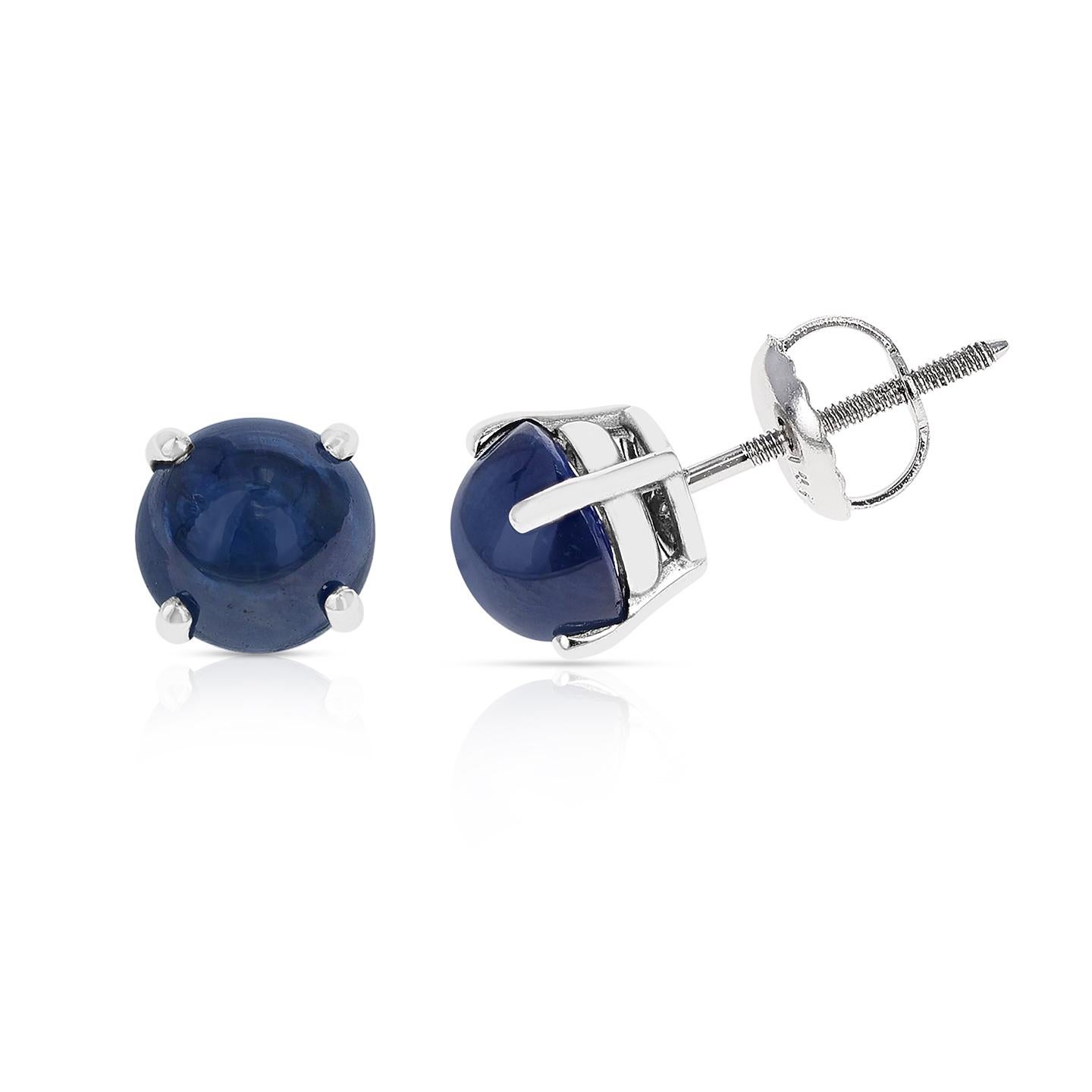 Round Cut Blue Sapphire Round Cabochon Stud Earrings Made in 14 Karat White Gold