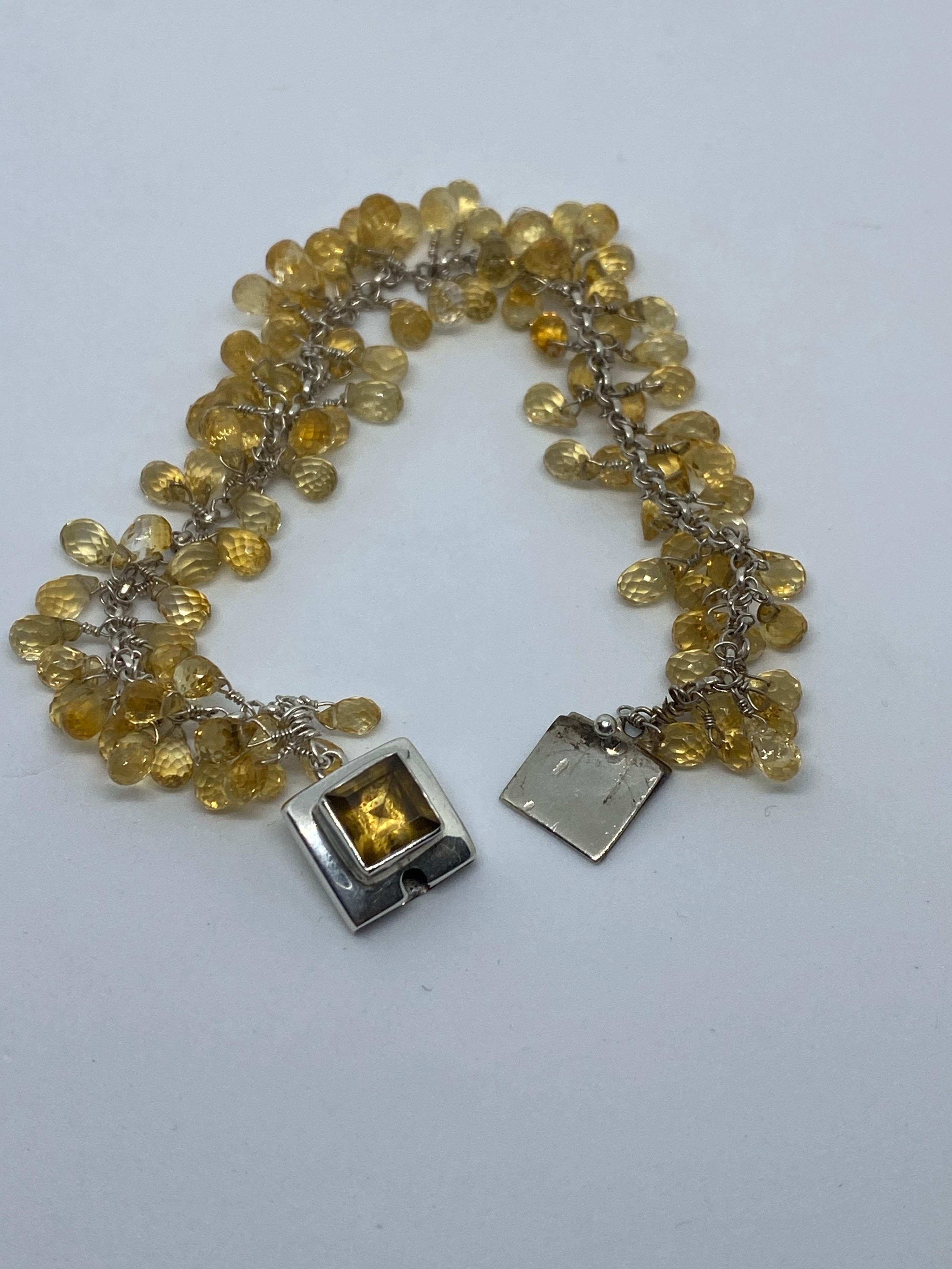 Brilliant Cut Citrine Square Cut with Briolettes in a Sterling Silver Bracelet For Sale