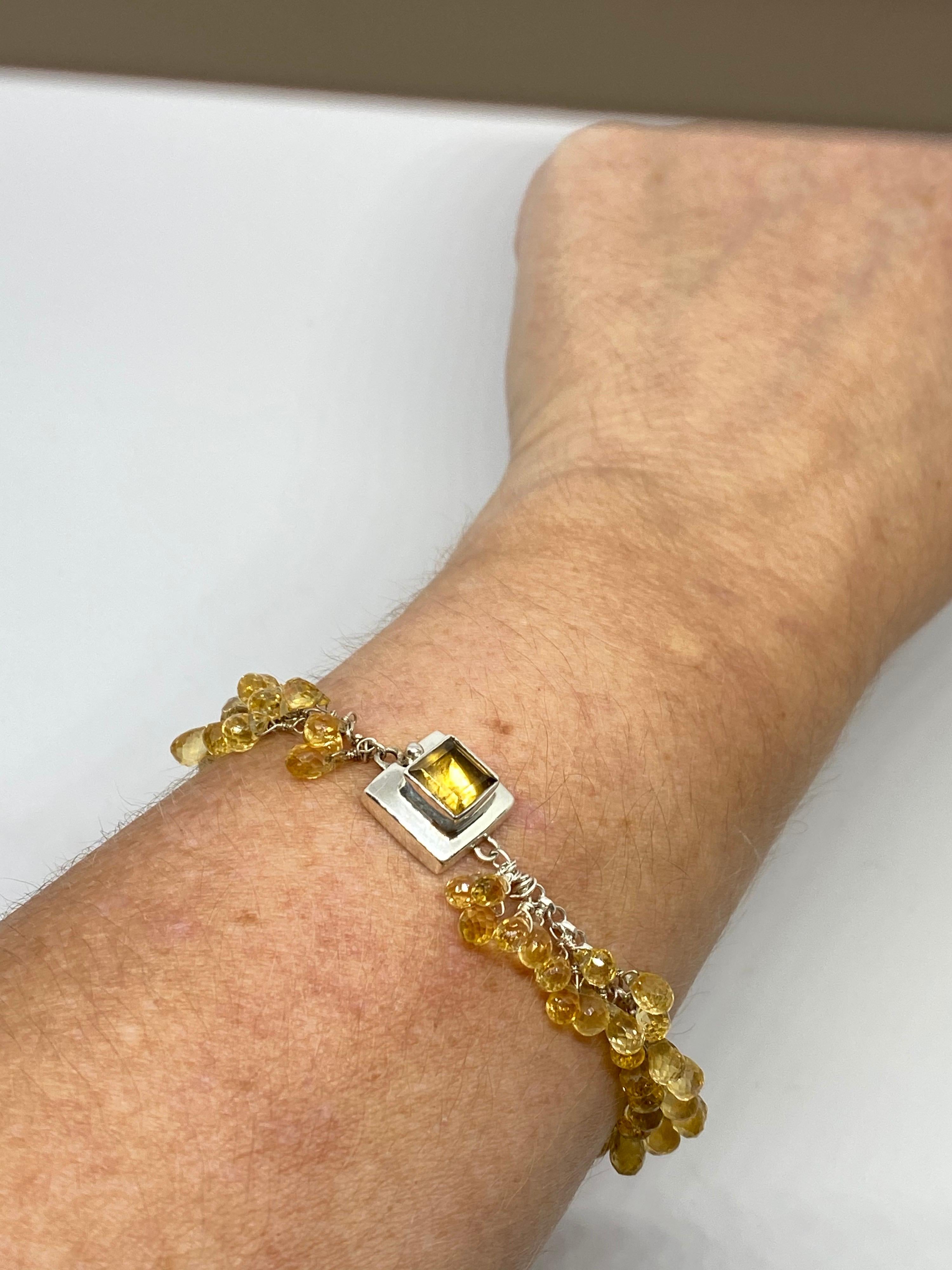 Citrine Square Cut with Briolettes in a Sterling Silver Bracelet In New Condition For Sale In New York, NY