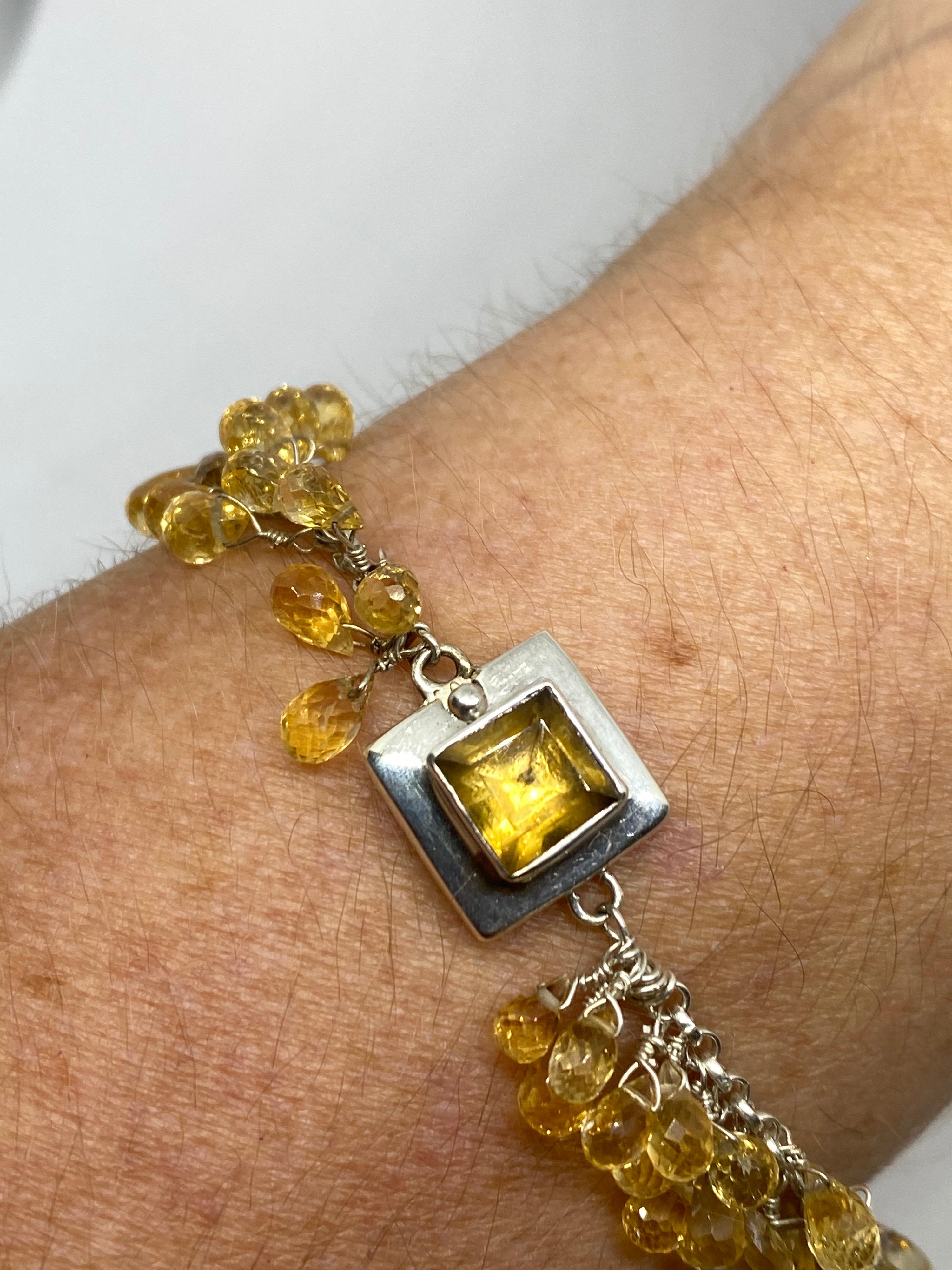 Women's or Men's Citrine Square Cut with Briolettes in a Sterling Silver Bracelet For Sale