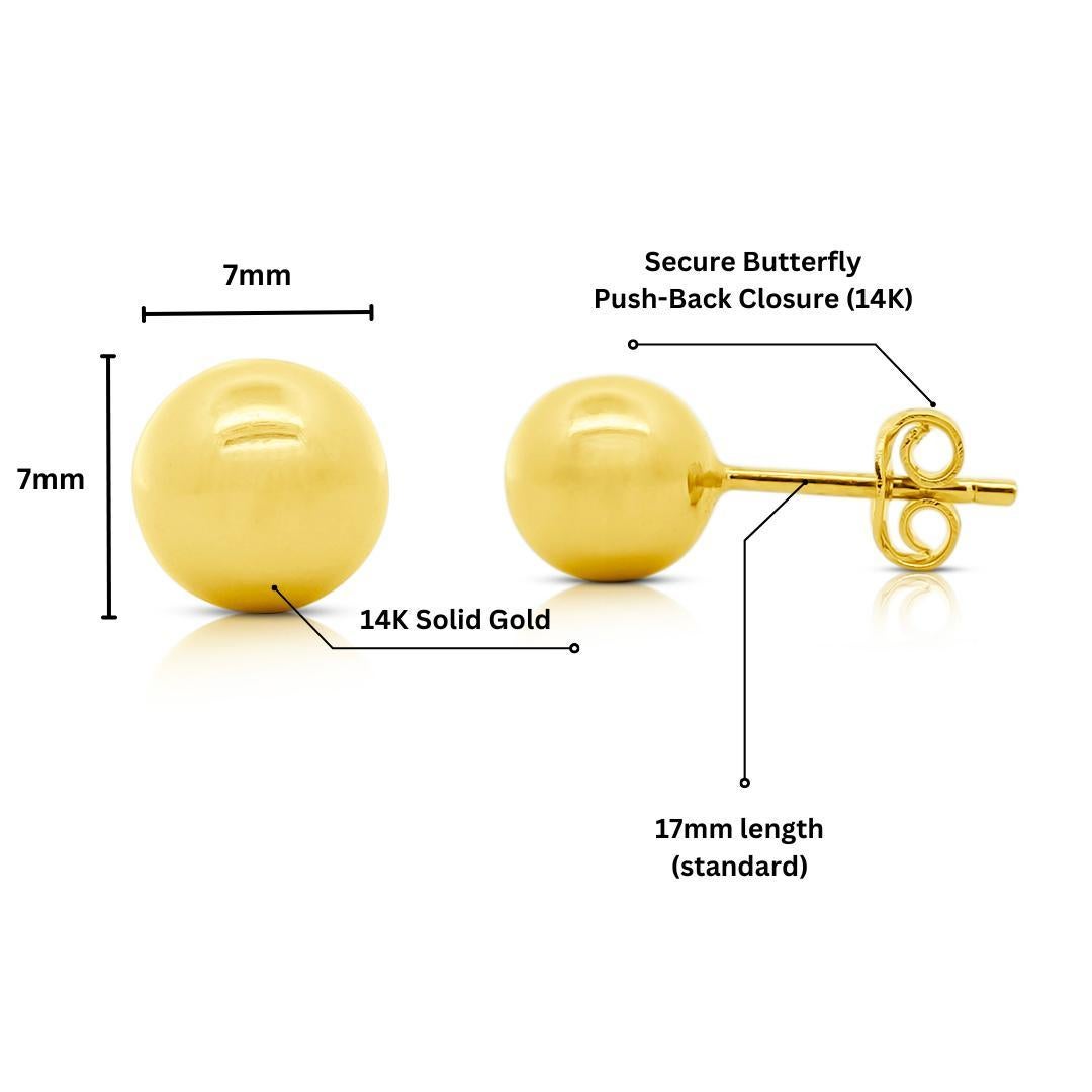 7mm Classic 14K Solid Gold Ball Stud Earrings For Sale 4