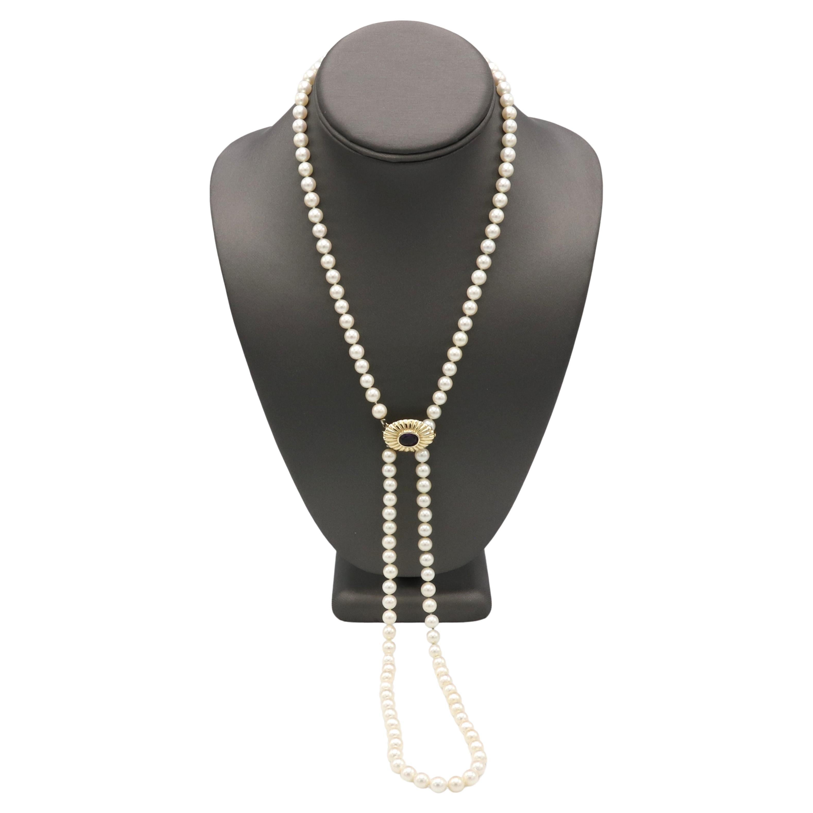 Cultured Pearl Necklace with 14 Karat Yellow Gold and Amethyst Stone Clasp  For Sale