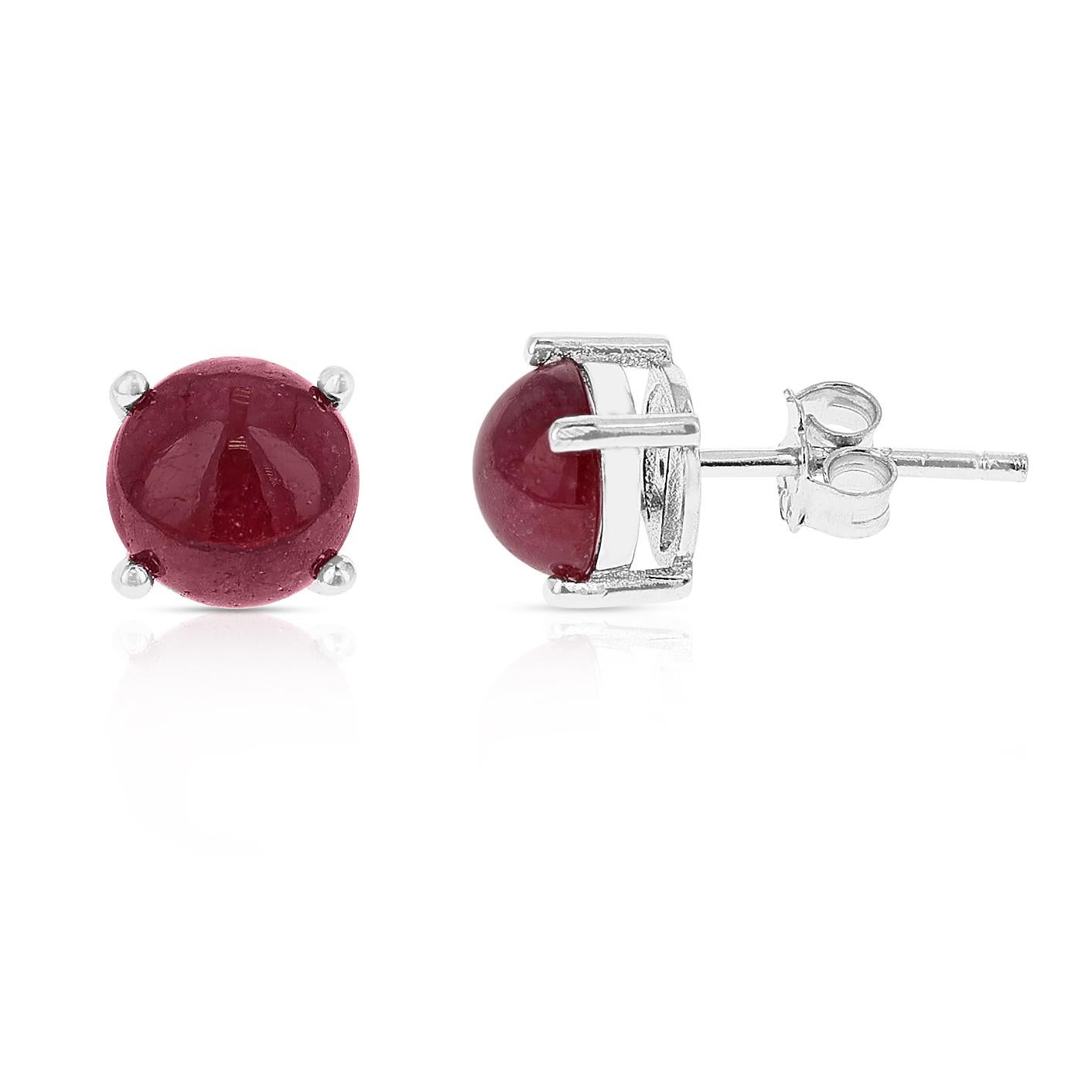 A pair of 7MM Genuine Ruby Round Cabochon Stud Earrings made in Sterling Silver. The total stone weight is approximately 4 carats.
