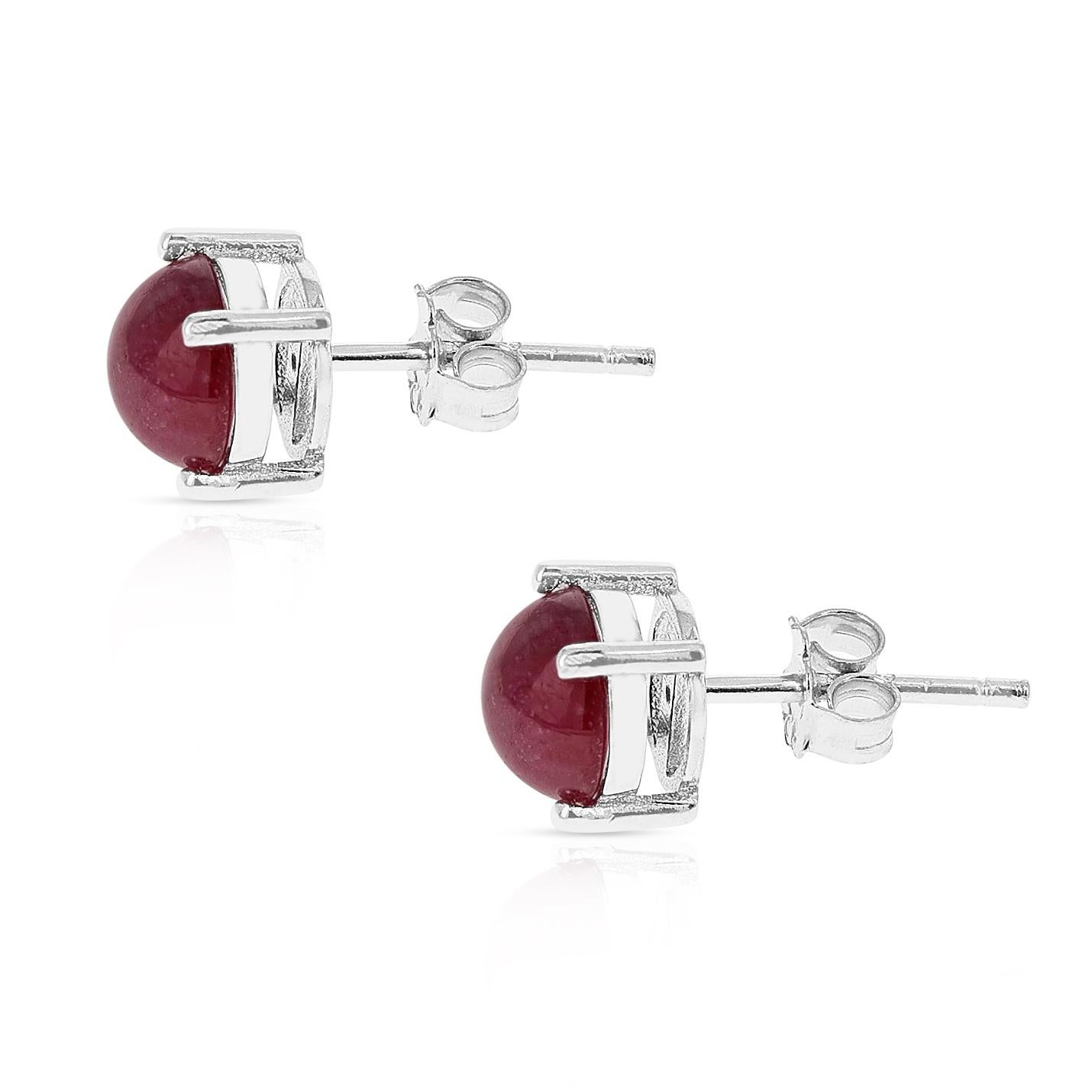 Round Cut Genuine Ruby Round Cabochon Stud Earrings, Sterling Silver