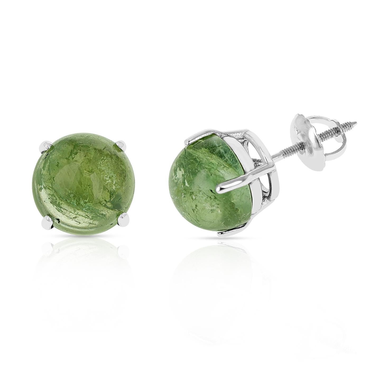 A pair of 7MM Green Tourmaline Round Cabochon Stud Earrings made in 14 Karat White Gold. The total stone weight ranges from approximately 2.95 - 4.34 carats.