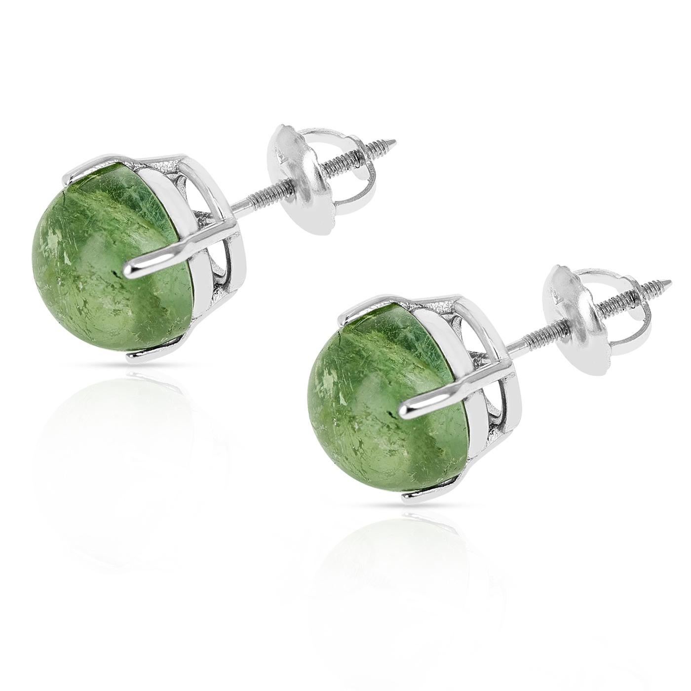 Round Cut Green Tourmaline Round Cabochon Stud Earrings Made in 14 Karat White Gold