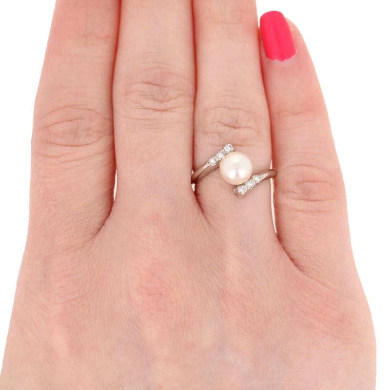 Bead Pearl & Diamond Ring, 14k White Gold Women's Bypass
