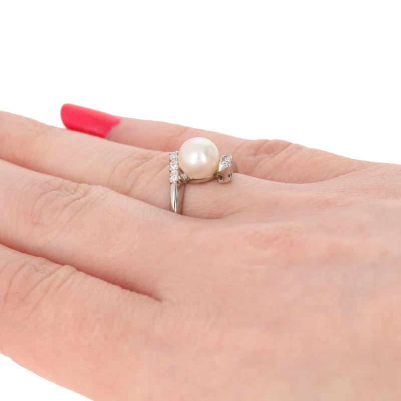 Pearl & Diamond Ring, 14k White Gold Women's Bypass In Excellent Condition In Greensboro, NC