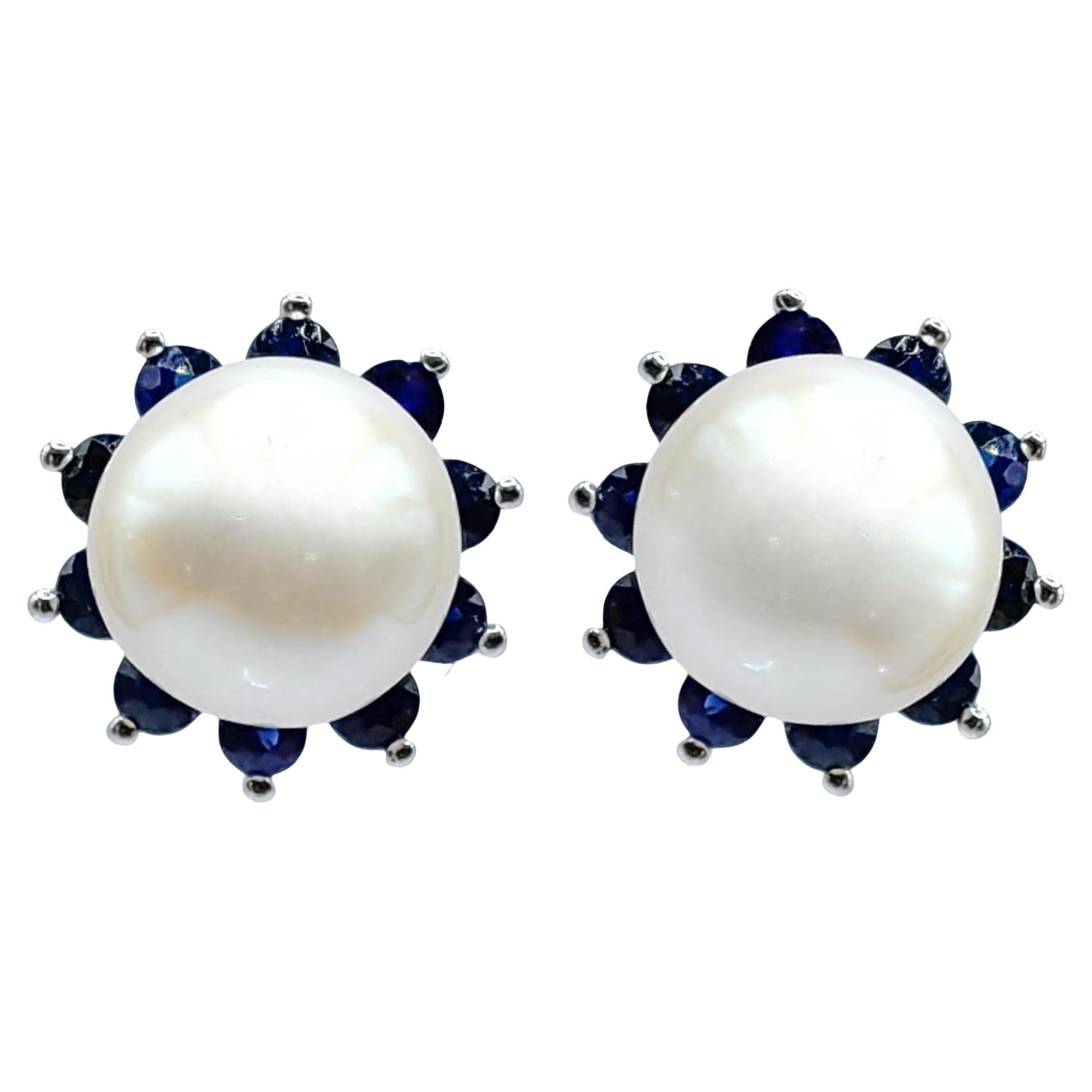 7mm Pearl Stud & Detachable Blue Sapphire Jacket Earrings in 18K/14K White Gold