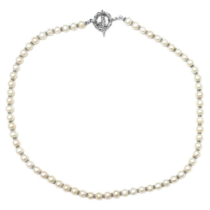 7MM Round White Pearl Necklace in Sterling Silver For Sale