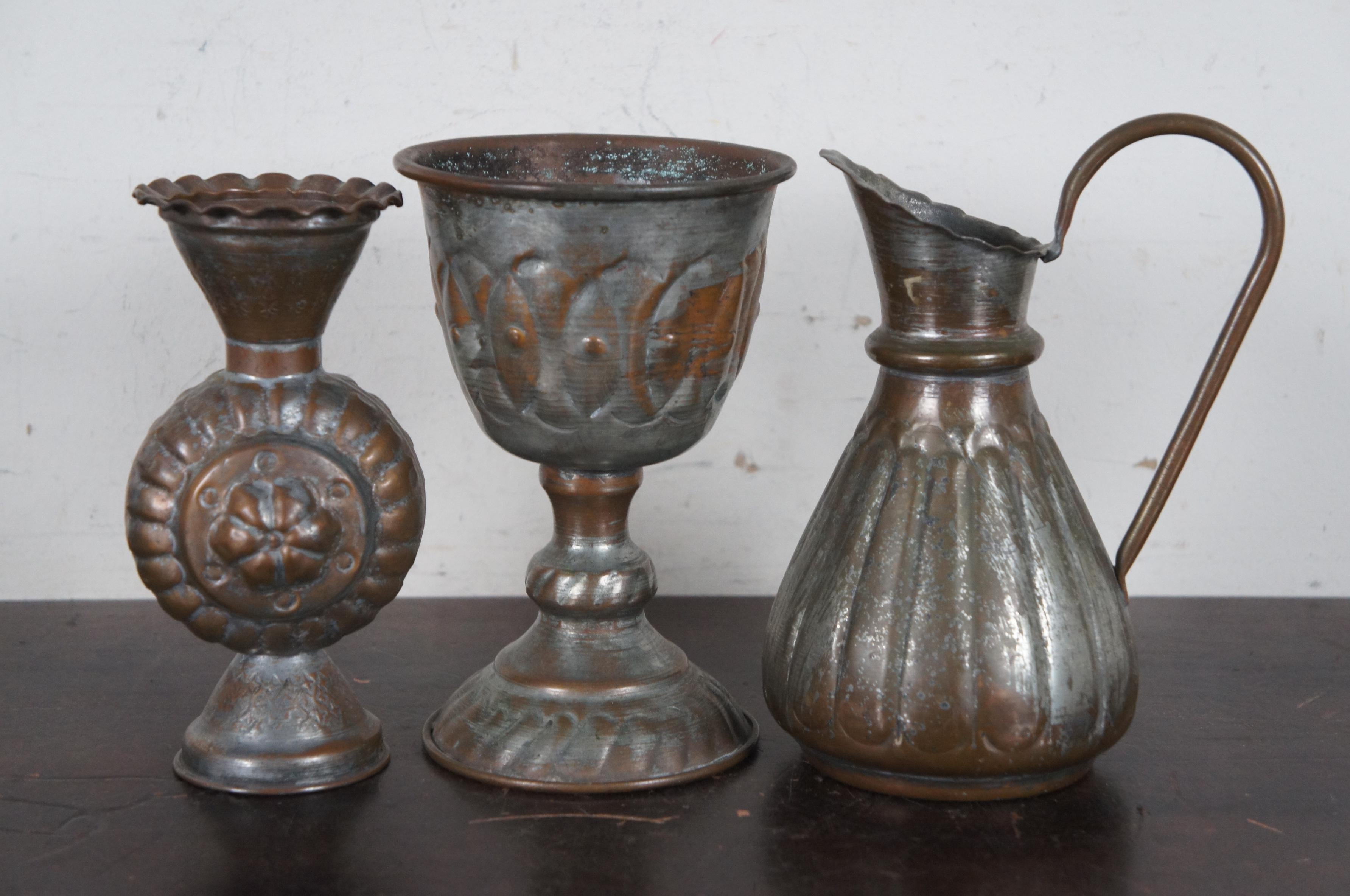 Rustic 7pc Assorted Vintage Hammered Copper & Tin Bud Vase Goblet Compote Pitcher For Sale