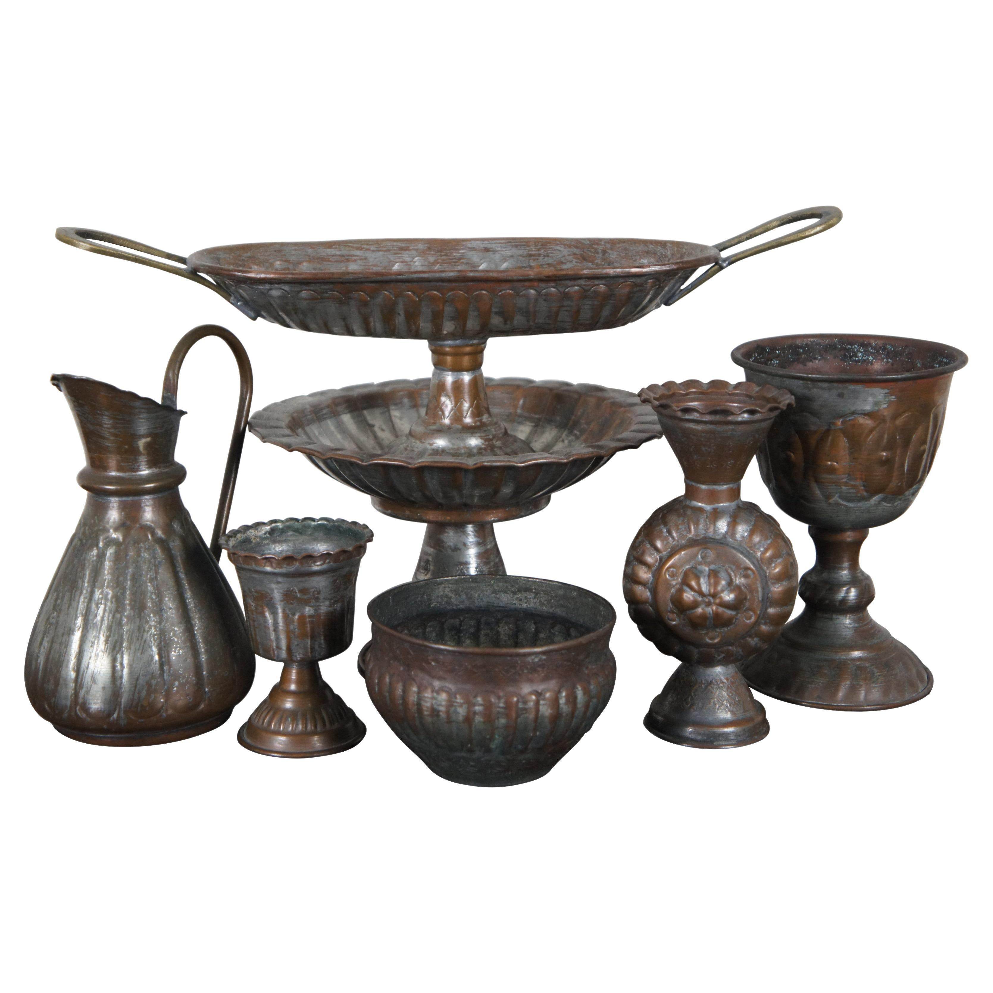 7pc Assorted Vintage Hammered Copper & Tin Bud Vase Goblet Compote Pitcher For Sale