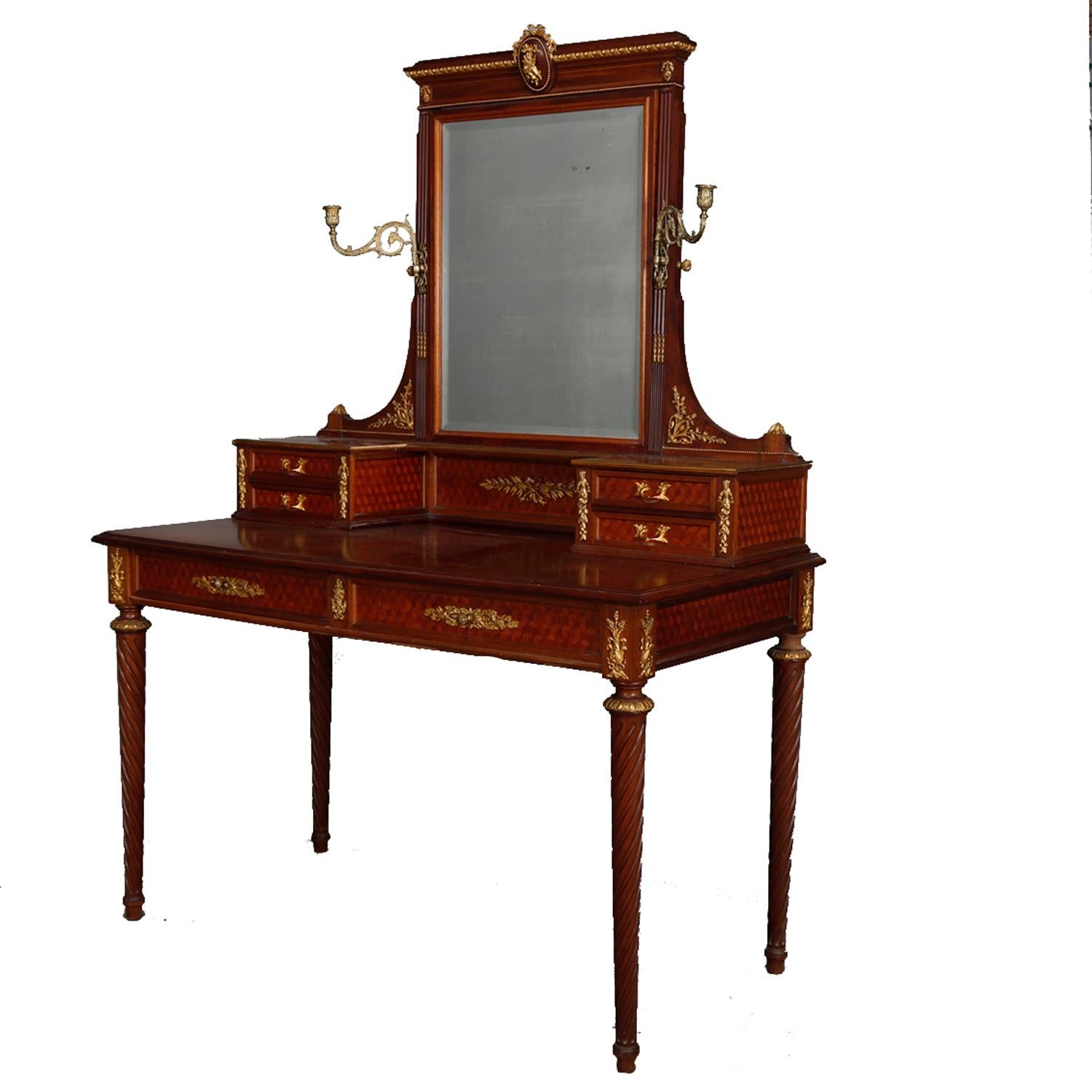 7-Piece French Louis XVI Mahogany Marquetry & Ormolu Bedroom Suite, Signed 7