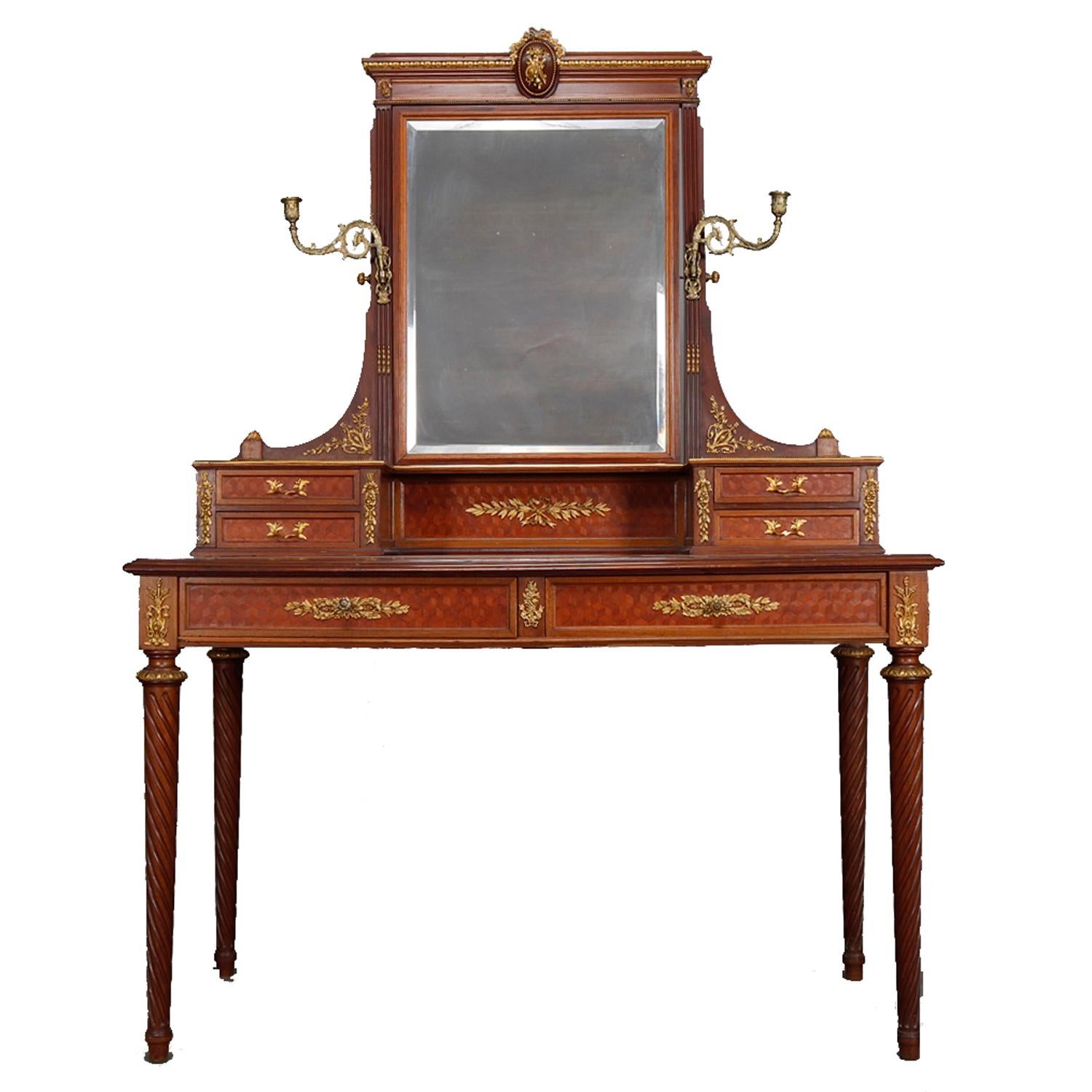 19th Century 7-Piece French Louis XVI Mahogany Marquetry & Ormolu Bedroom Suite, Signed