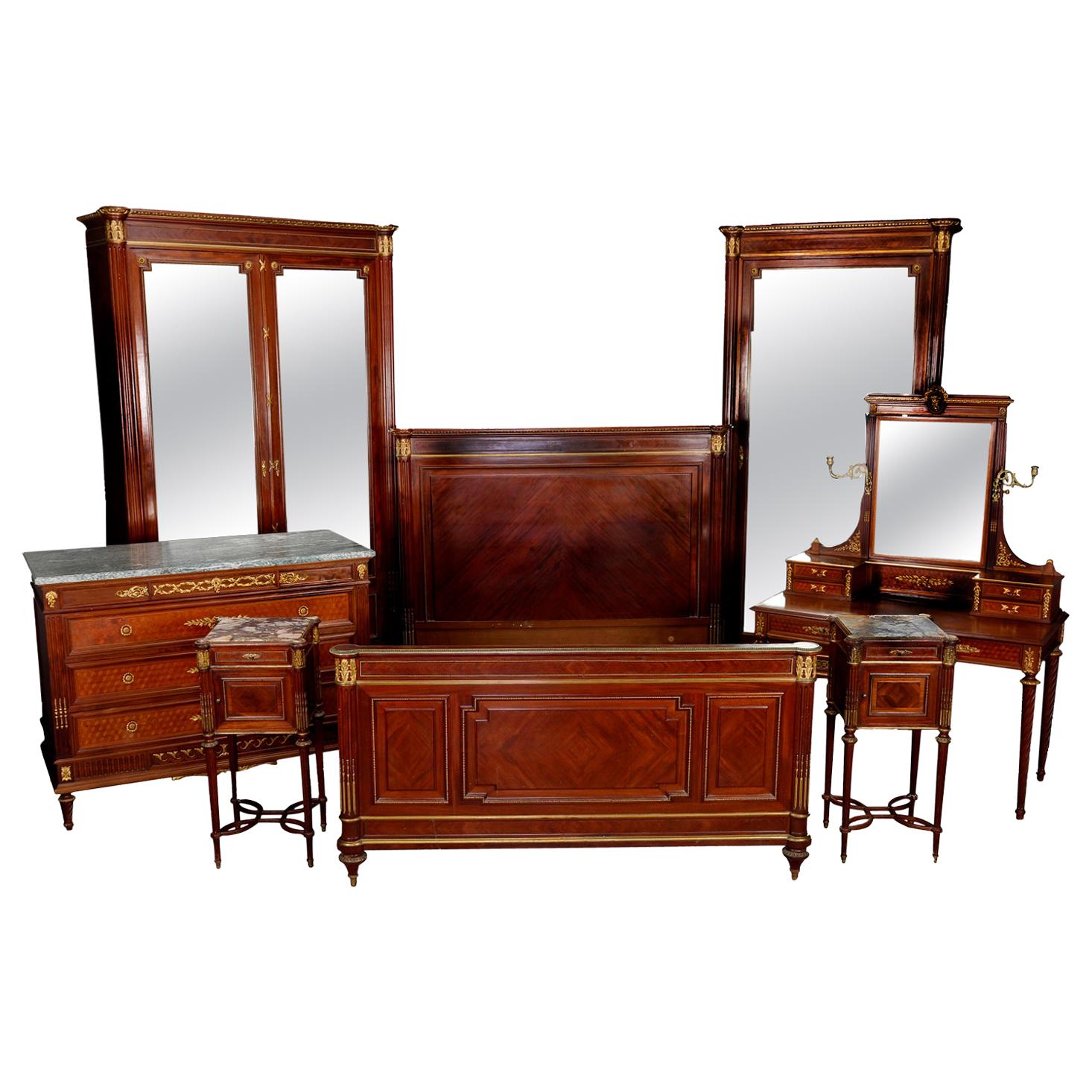7-Piece French Louis XVI Mahogany Marquetry & Ormolu Bedroom Suite, Signed