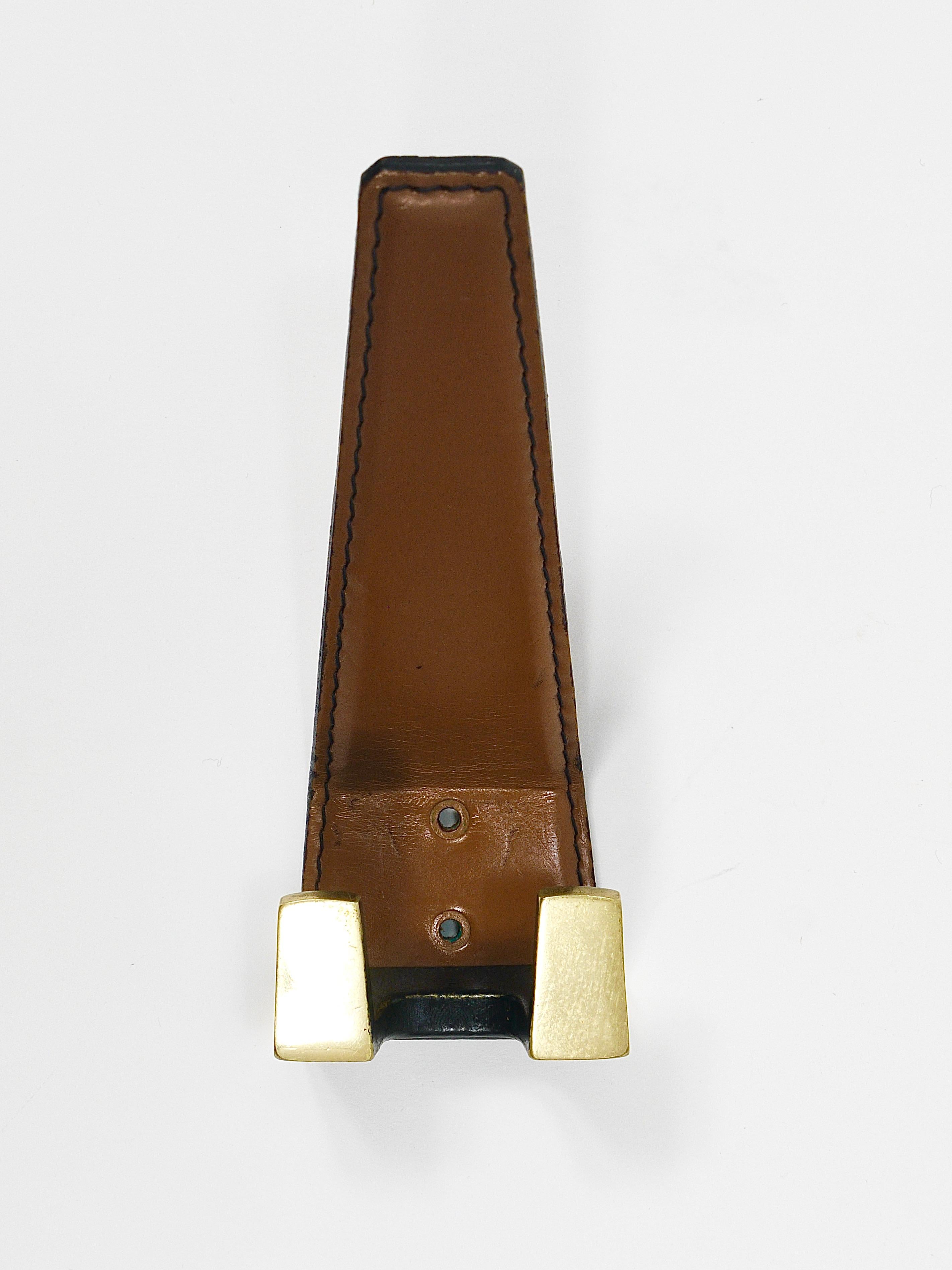 7x Carl Auböck Style Mid-Century Brass & Leather Wall Coat Hooks, Austria, 1950s For Sale 5