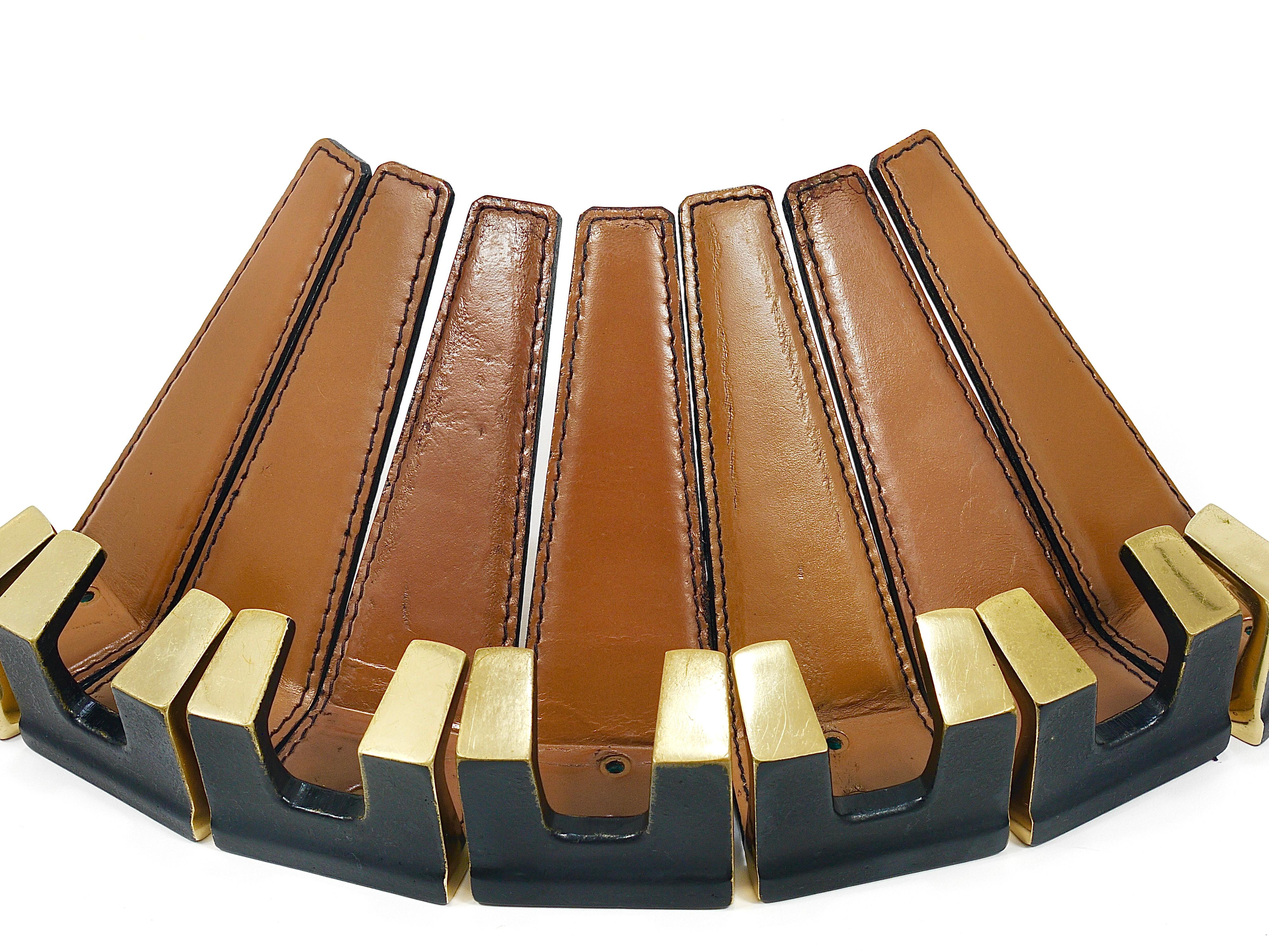 6x Carl Auböck Style Mid-Century Brass & Leather Wall Coat Hooks, Austria, 1950s 6